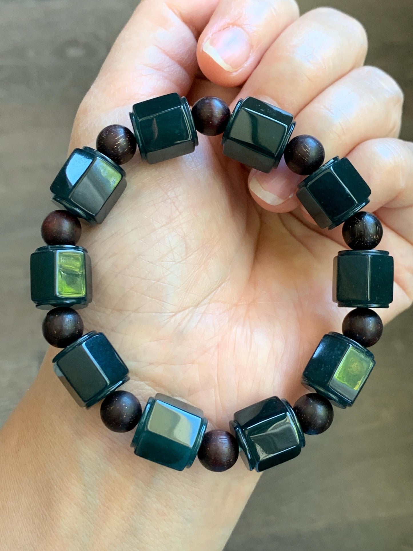 Natural Grade A Guatemalan Icy Translucent Dark Teal Blue Jade Jadeite Hexagon Barrel Beads Beaded Bracelet 7.5” 48g 天然冰胶危老蓝水翡翠六棱珠手串 WLL440