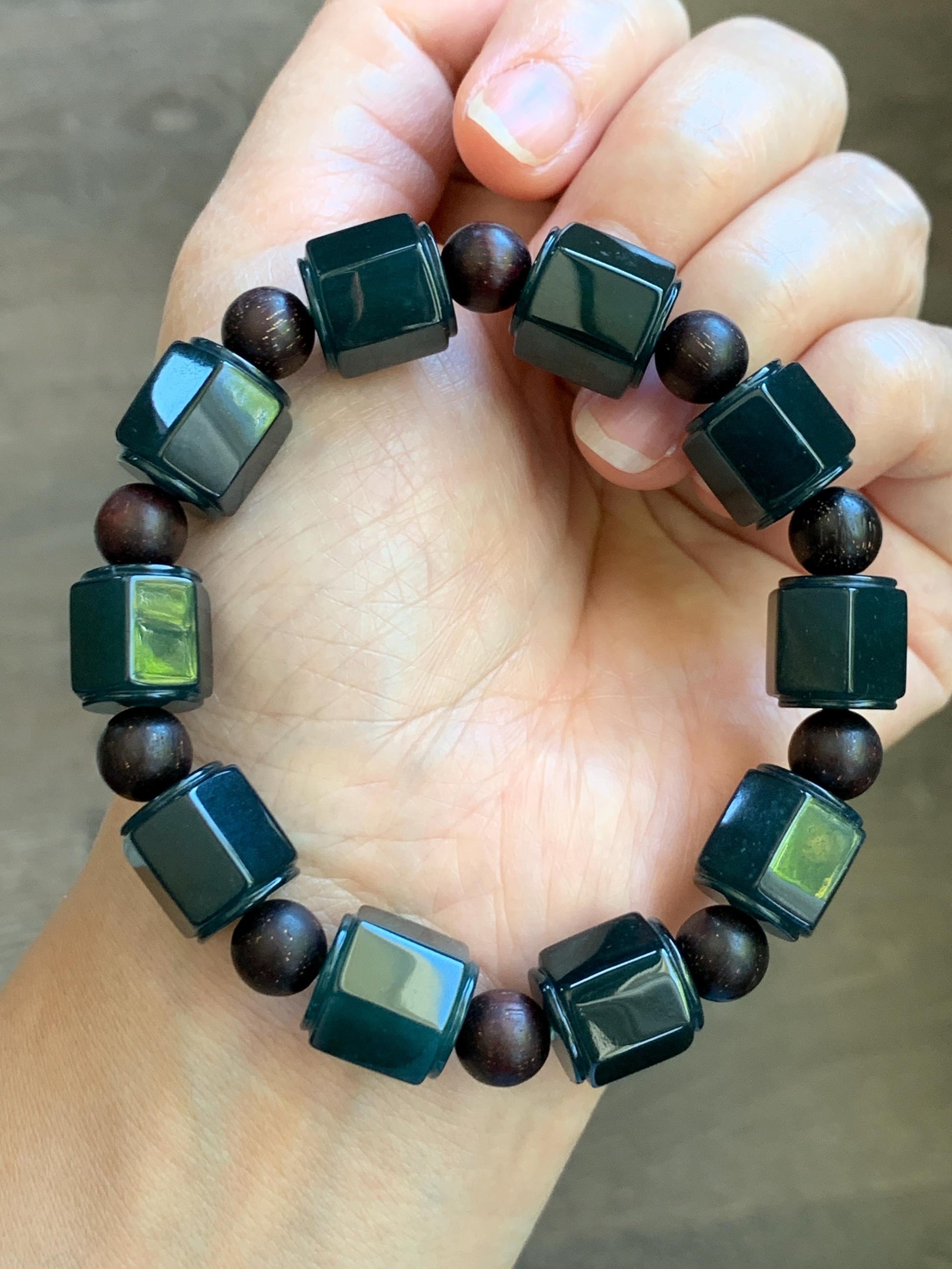 Natural Grade A Guatemalan Icy Translucent Dark Teal Blue Jade Jadeite Hexagon Barrel Beads Beaded Bracelet 7.5” 48g 天然冰胶危老蓝水翡翠六棱珠手串 WLL440