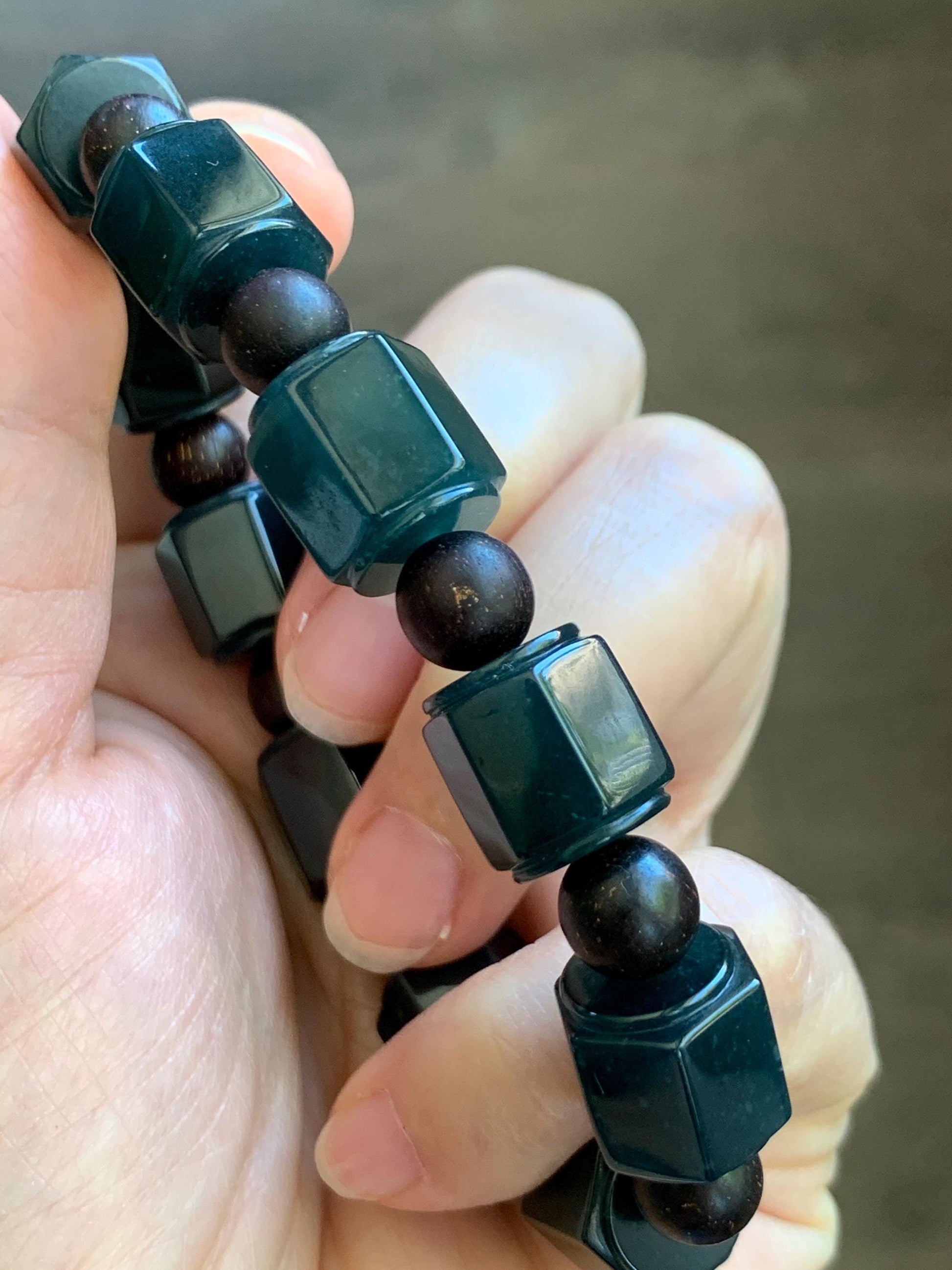 Natural Grade A Guatemalan Icy Translucent Dark Teal Blue Jade Jadeite Hexagon Barrel Beads Beaded Bracelet 7.5” 48g 天然冰胶危老蓝水翡翠六棱珠手串 WLL440