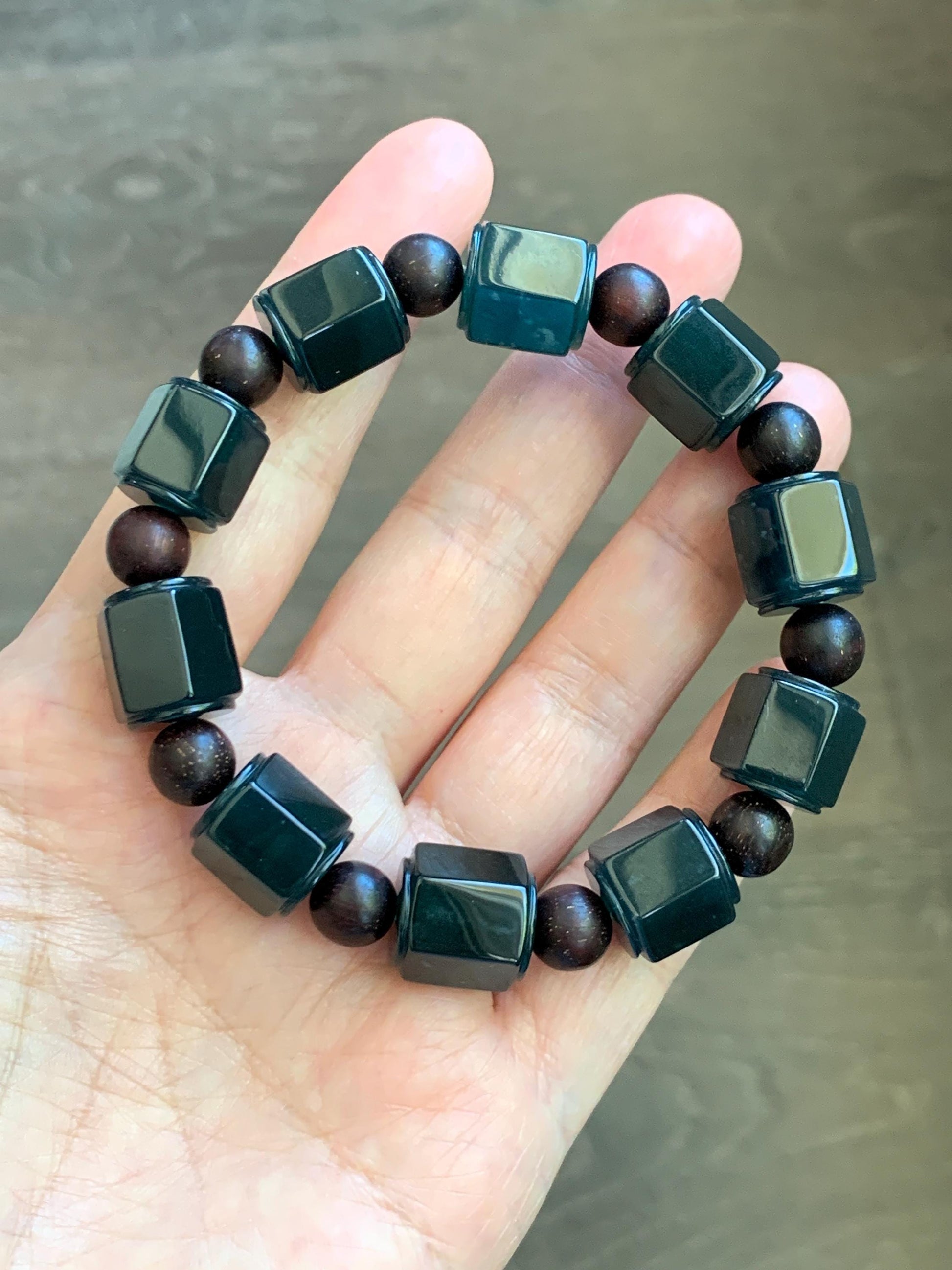 Natural Grade A Guatemalan Icy Translucent Dark Teal Blue Jade Jadeite Hexagon Barrel Beads Beaded Bracelet 7.5” 48g 天然冰胶危老蓝水翡翠六棱珠手串 WLL440