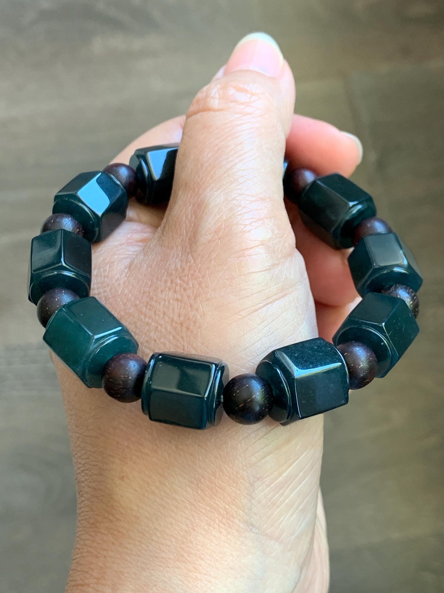 Natural Grade A Guatemalan Icy Translucent Dark Teal Blue Jade Jadeite Hexagon Barrel Beads Beaded Bracelet 7.5” 48g 天然冰胶危老蓝水翡翠六棱珠手串 WLL440