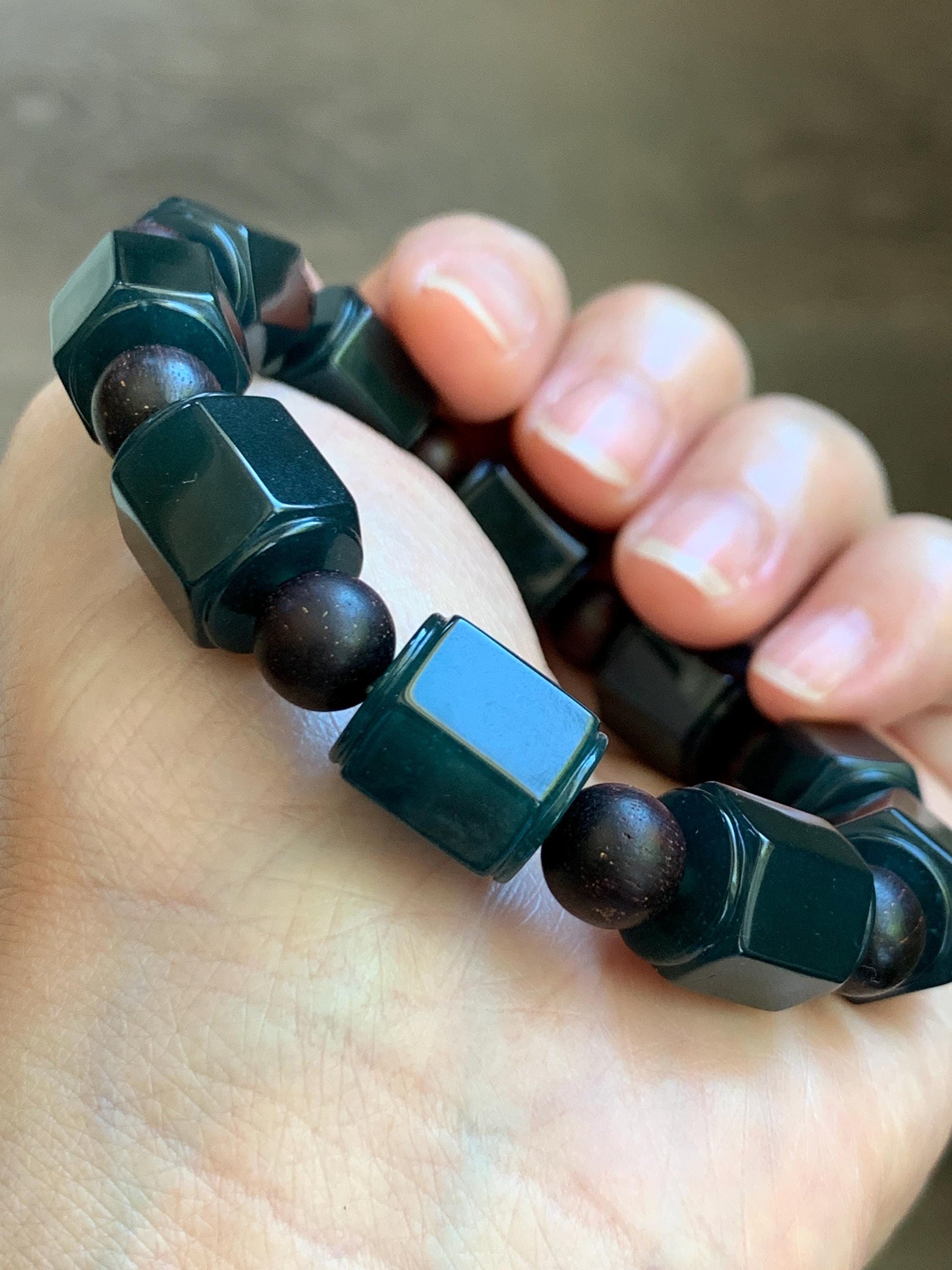 Natural Grade A Guatemalan Icy Translucent Dark Teal Blue Jade Jadeite Hexagon Barrel Beads Beaded Bracelet 7.5” 48g 天然冰胶危老蓝水翡翠六棱珠手串 WLL440