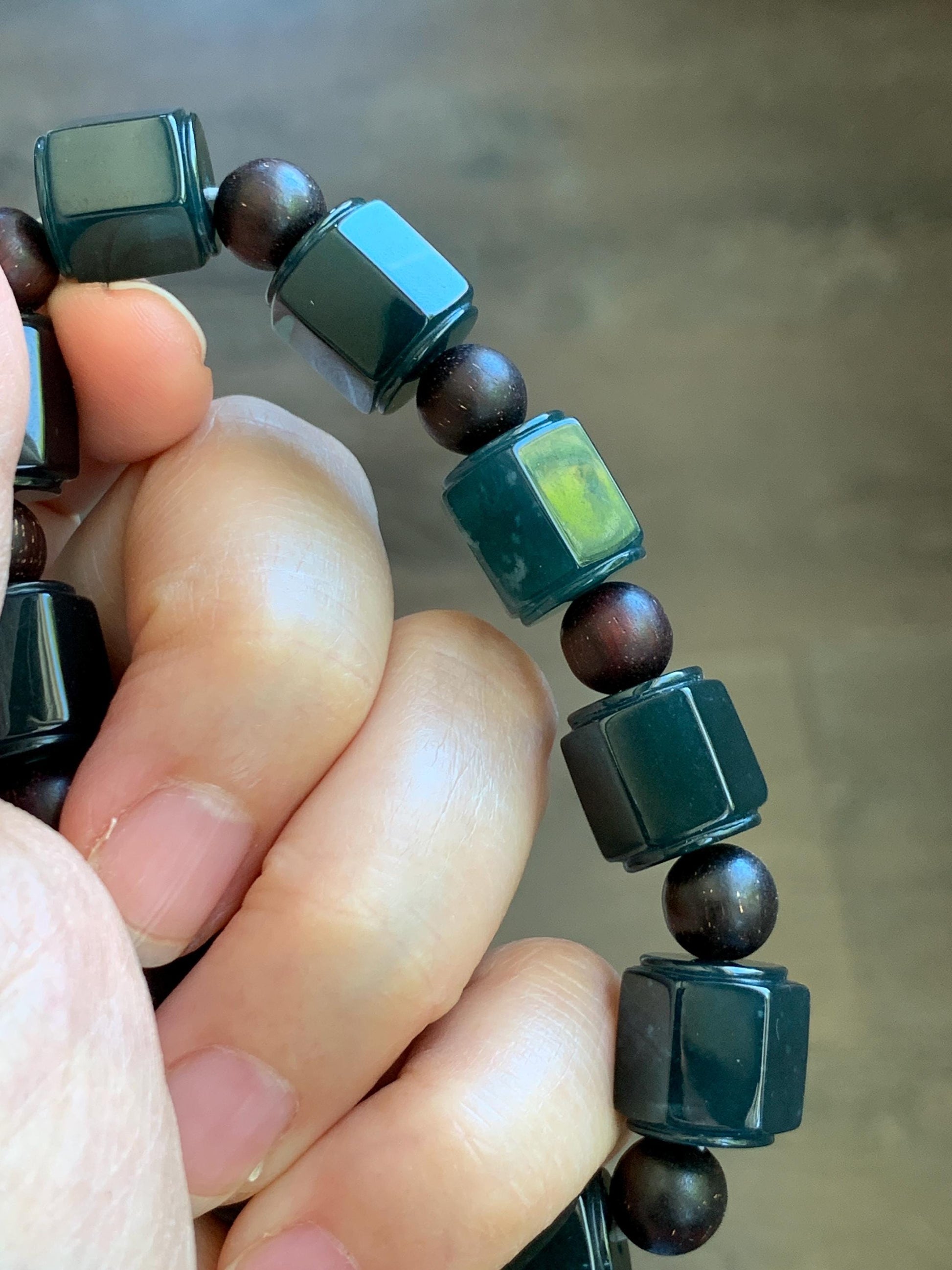 Natural Grade A Guatemalan Icy Translucent Dark Teal Blue Jade Jadeite Hexagon Barrel Beads Beaded Bracelet 7.5” 48g 天然冰胶危老蓝水翡翠六棱珠手串 WLL440