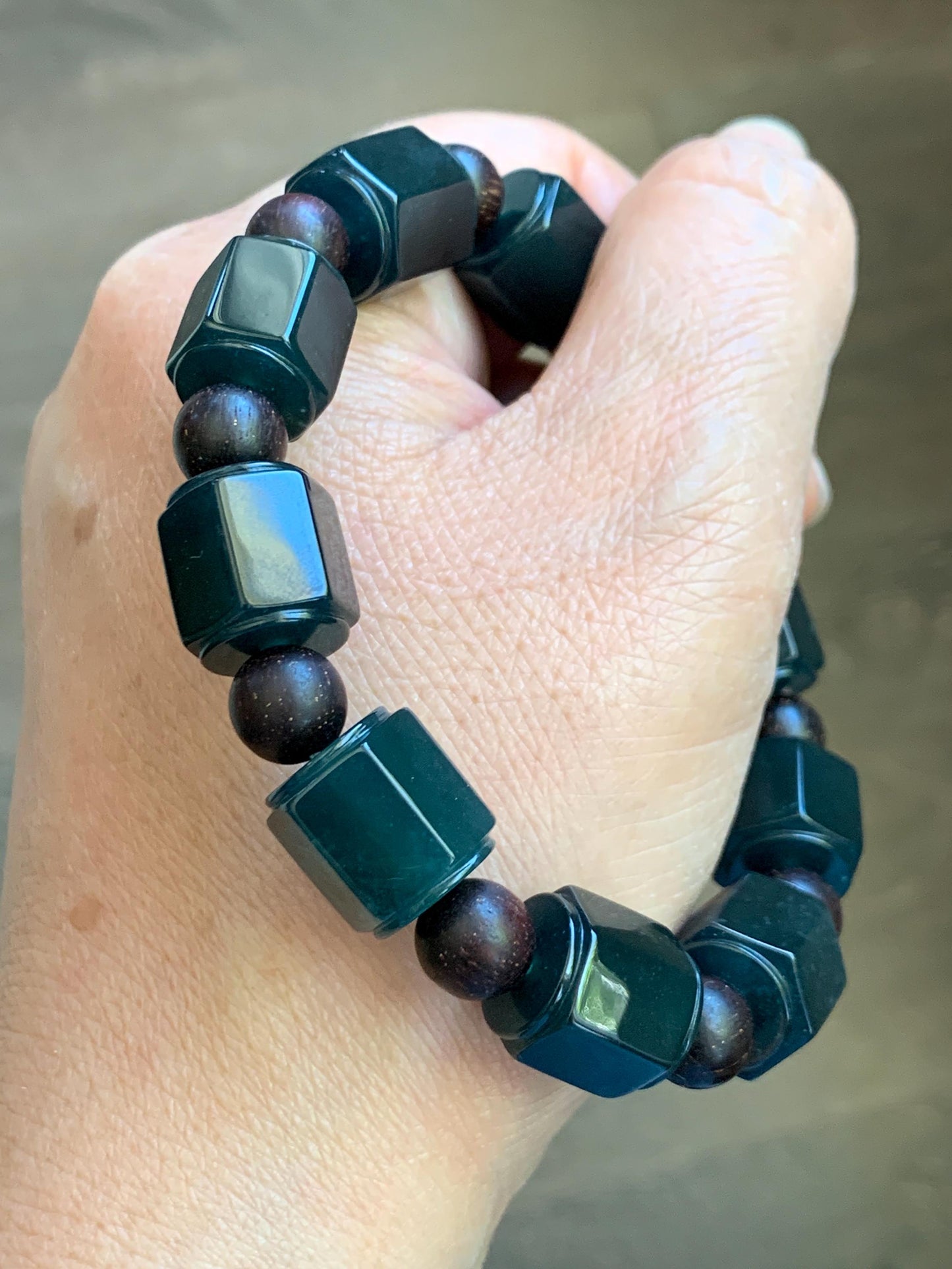 Natural Grade A Guatemalan Icy Translucent Dark Teal Blue Jade Jadeite Hexagon Barrel Beads Beaded Bracelet 7.5” 48g 天然冰胶危老蓝水翡翠六棱珠手串 WLL440