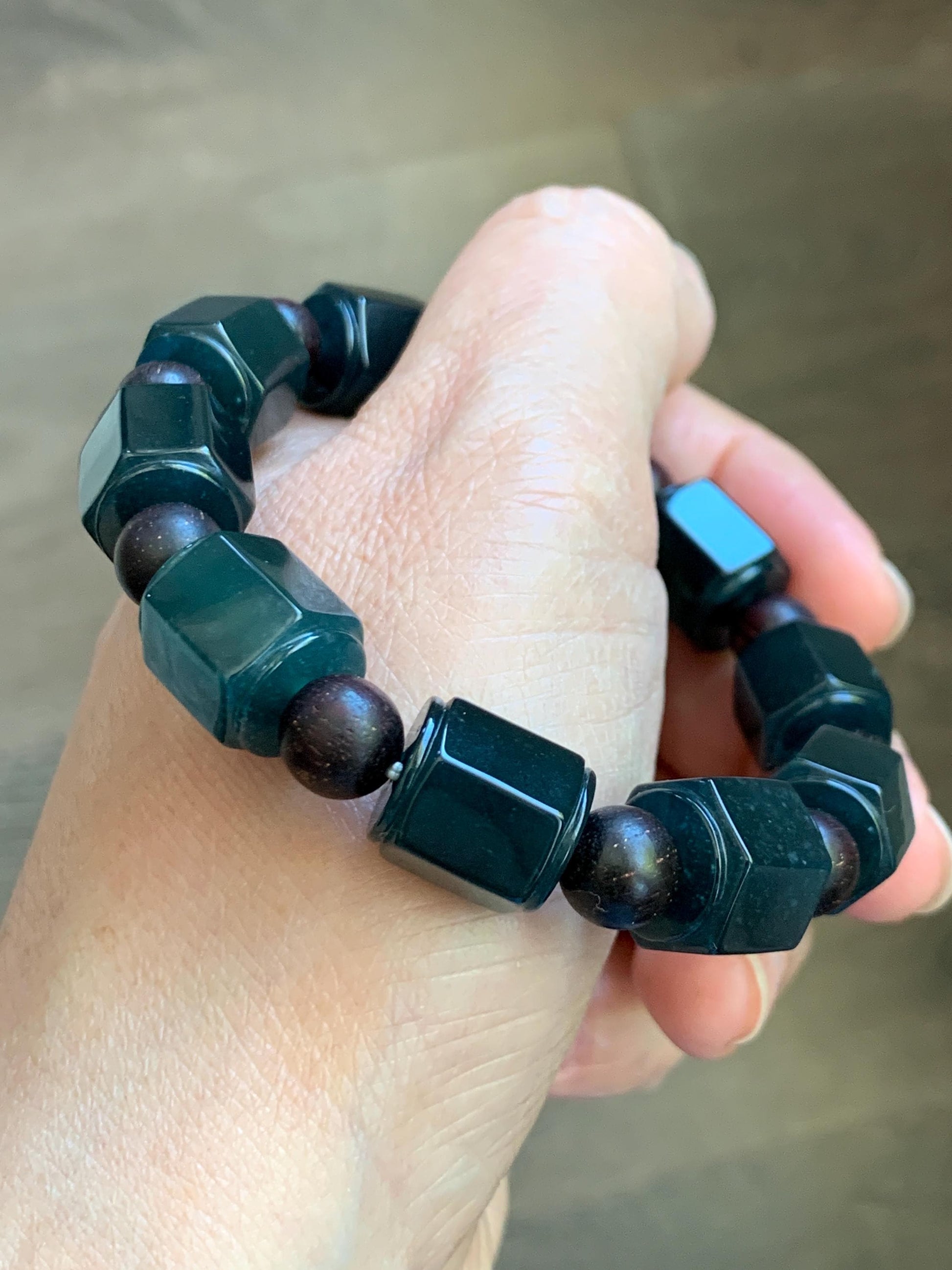 Natural Grade A Guatemalan Icy Translucent Dark Teal Blue Jade Jadeite Hexagon Barrel Beads Beaded Bracelet 7.5” 48g 天然冰胶危老蓝水翡翠六棱珠手串 WLL440