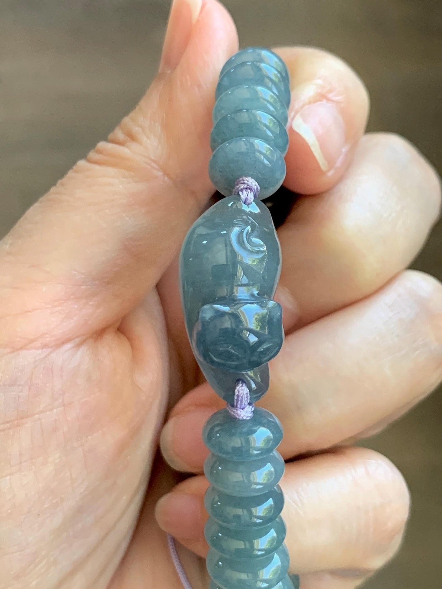 Natural Grade A Guatemalan Icy Translucent Dusty Teal Blue Jade Jadeite Cat Drum Beads Beaded Bracelet 6”-7.5” 34g 天然冰危蓝紫翡翠猫咪鼓珠手串 WLM310