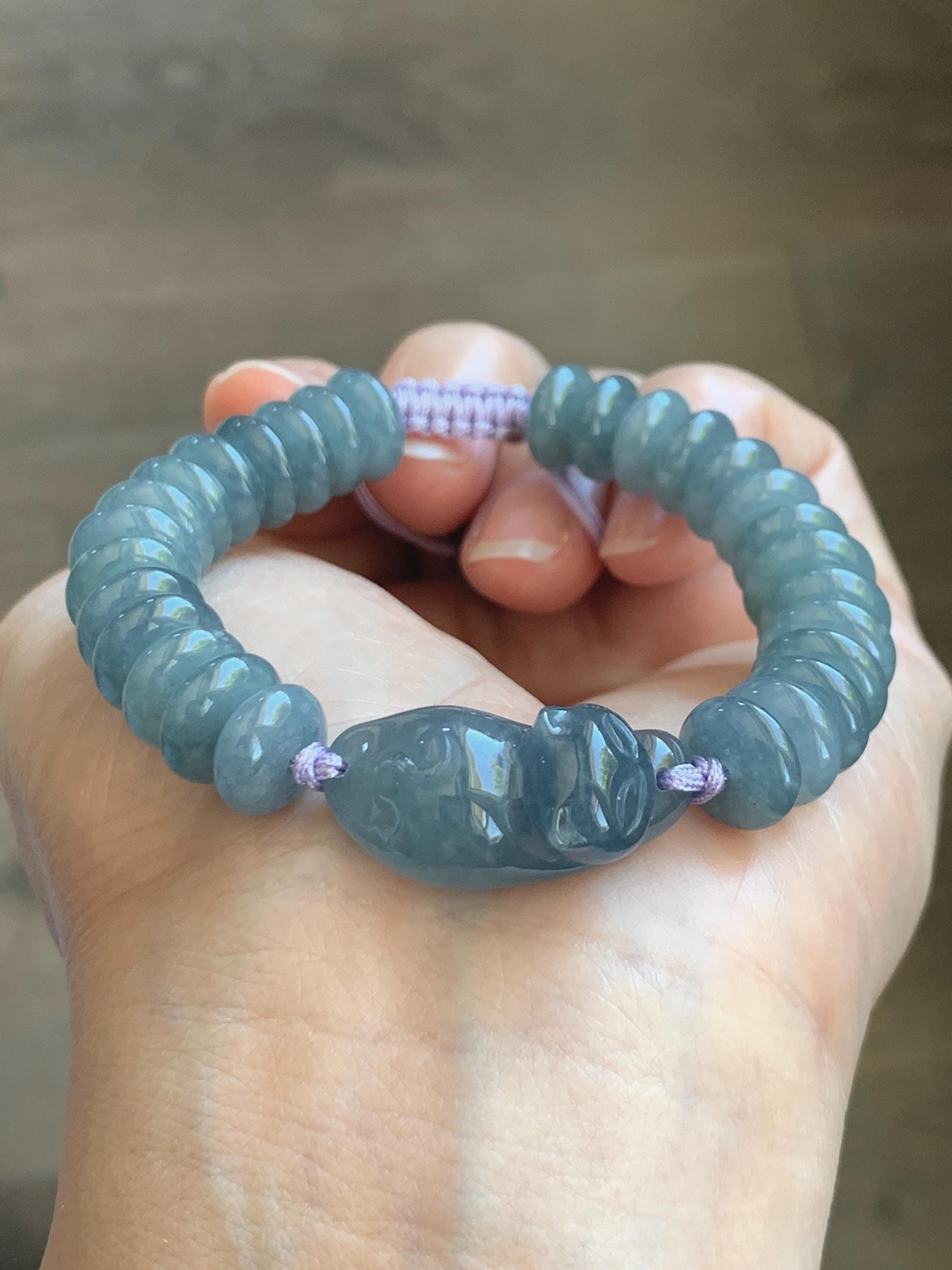Natural Grade A Guatemalan Icy Translucent Dusty Teal Blue Jade Jadeite Cat Drum Beads Beaded Bracelet 6”-7.5” 34g 天然冰危蓝紫翡翠猫咪鼓珠手串 WLM310