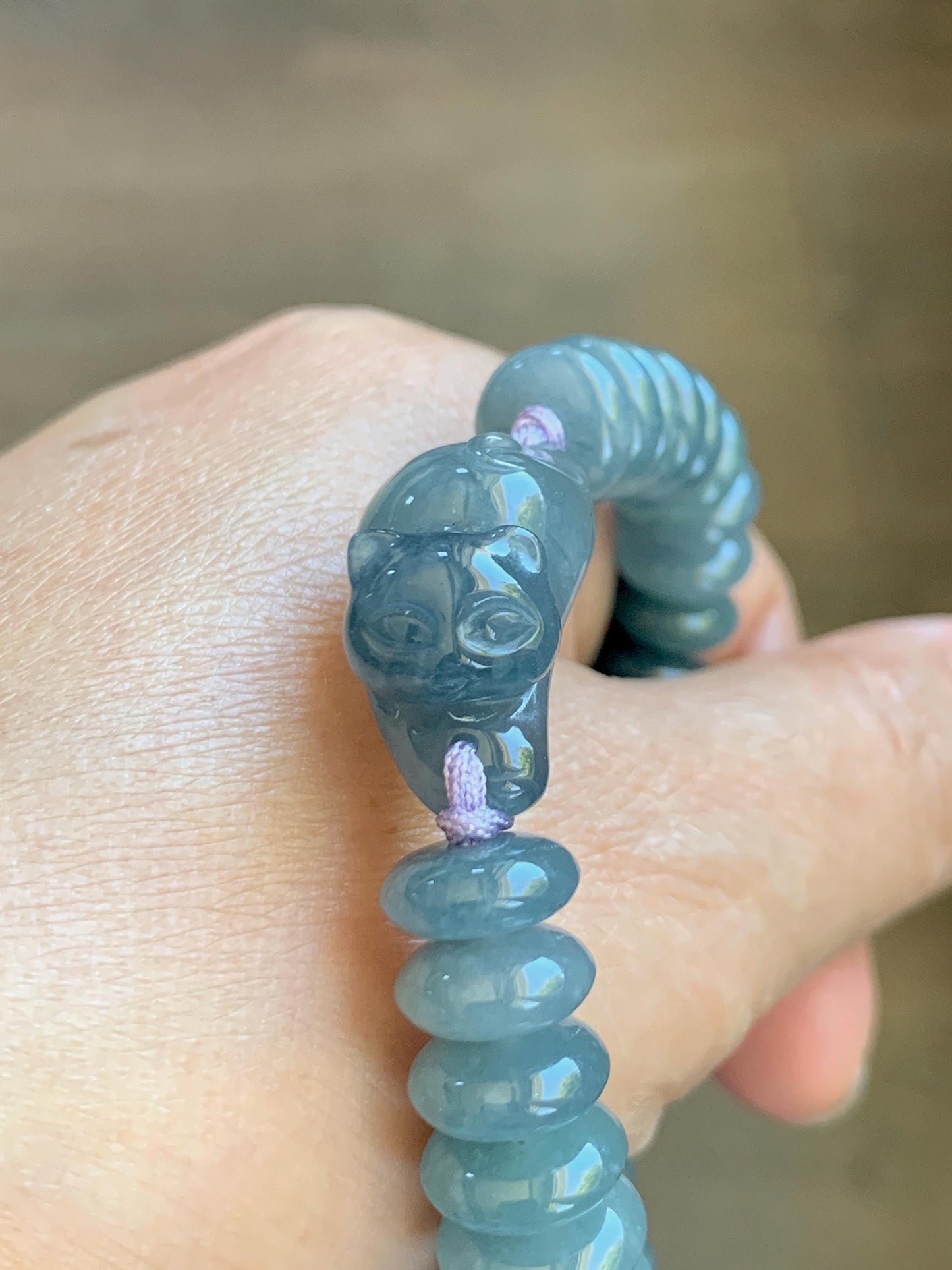 Natural Grade A Guatemalan Icy Translucent Dusty Teal Blue Jade Jadeite Cat Drum Beads Beaded Bracelet 6”-7.5” 34g 天然冰危蓝紫翡翠猫咪鼓珠手串 WLM310