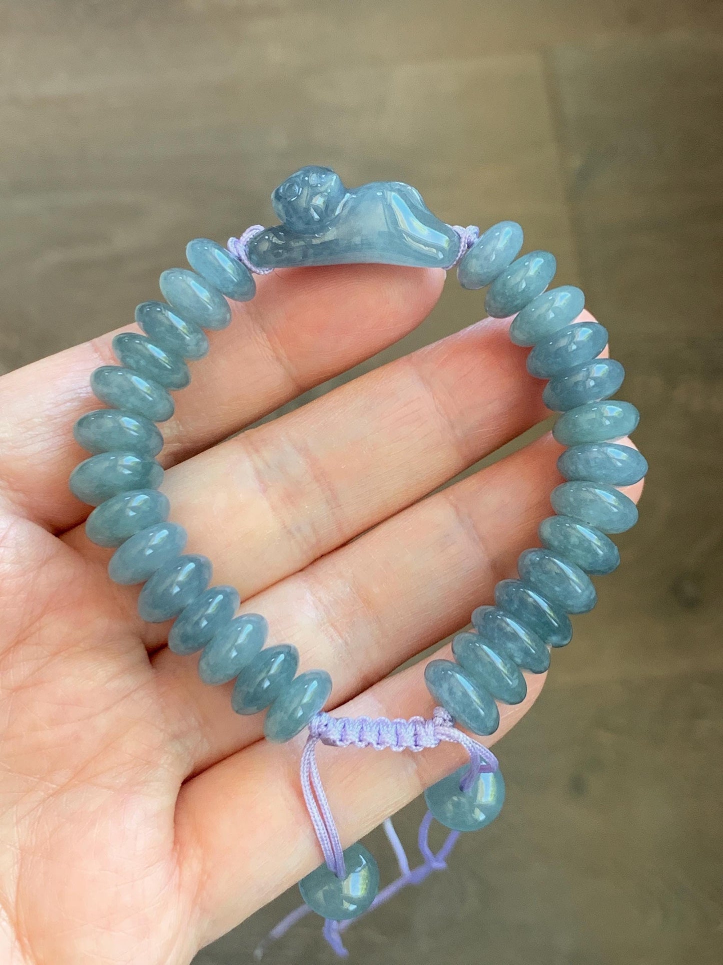Natural Grade A Guatemalan Icy Translucent Dusty Teal Blue Jade Jadeite Cat Drum Beads Beaded Bracelet 6”-7.5” 34g 天然冰危蓝紫翡翠猫咪鼓珠手串 WLM310