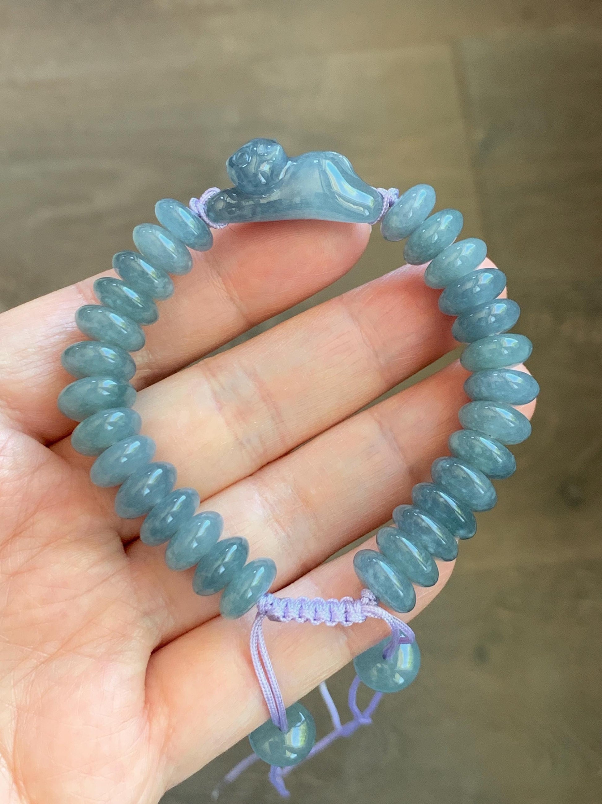 Natural Grade A Guatemalan Icy Translucent Dusty Teal Blue Jade Jadeite Cat Drum Beads Beaded Bracelet 6”-7.5” 34g 天然冰危蓝紫翡翠猫咪鼓珠手串 WLM310