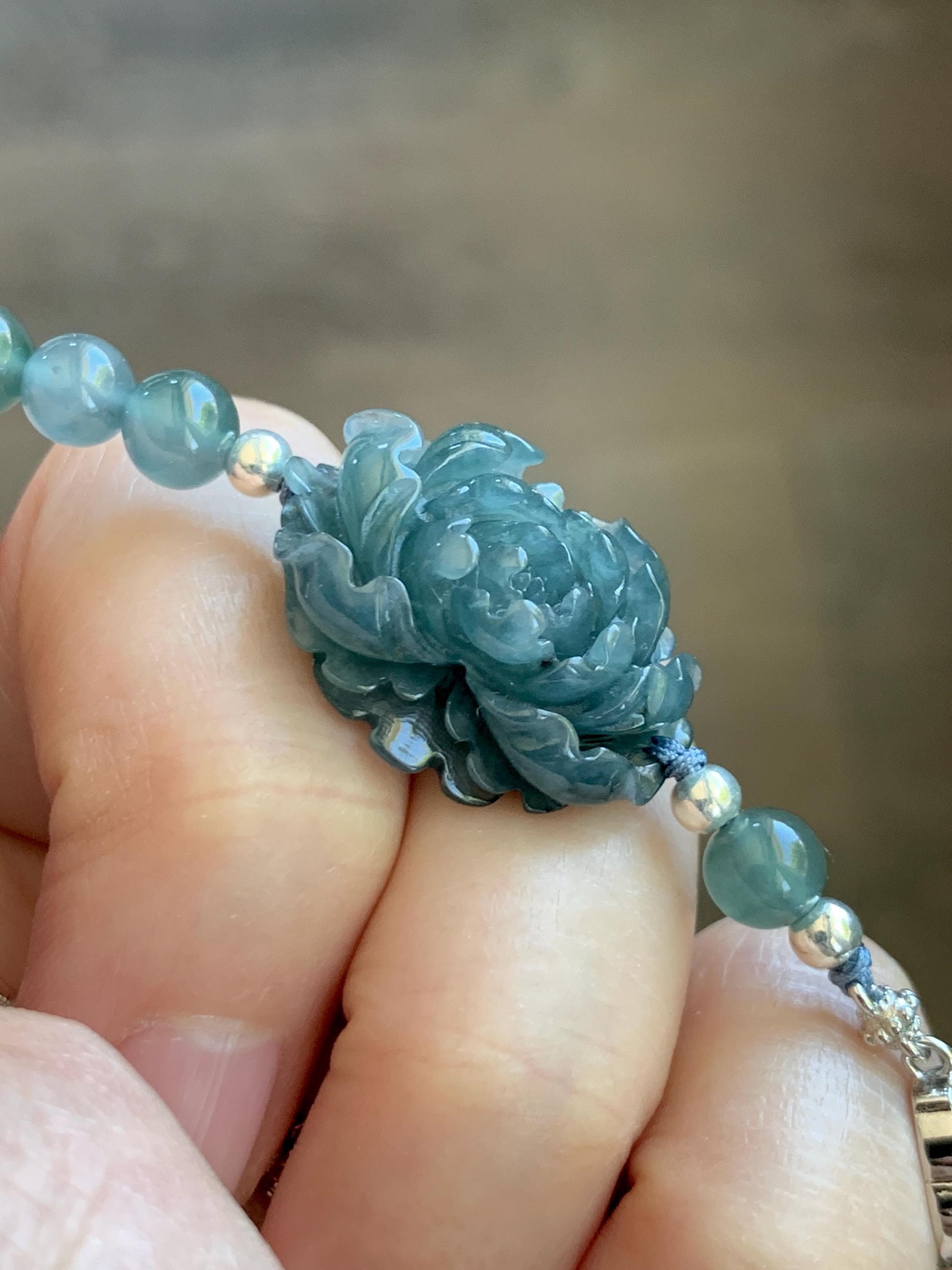 Natural Grade A Guatemalan Icy Dusty Blue Jade Jadeite Peony Flower Gourd Charm Beaded Bracelet 6.75” Sterling Silver 天然冰危蓝翡翠牡丹花圆珠手串 WMD414