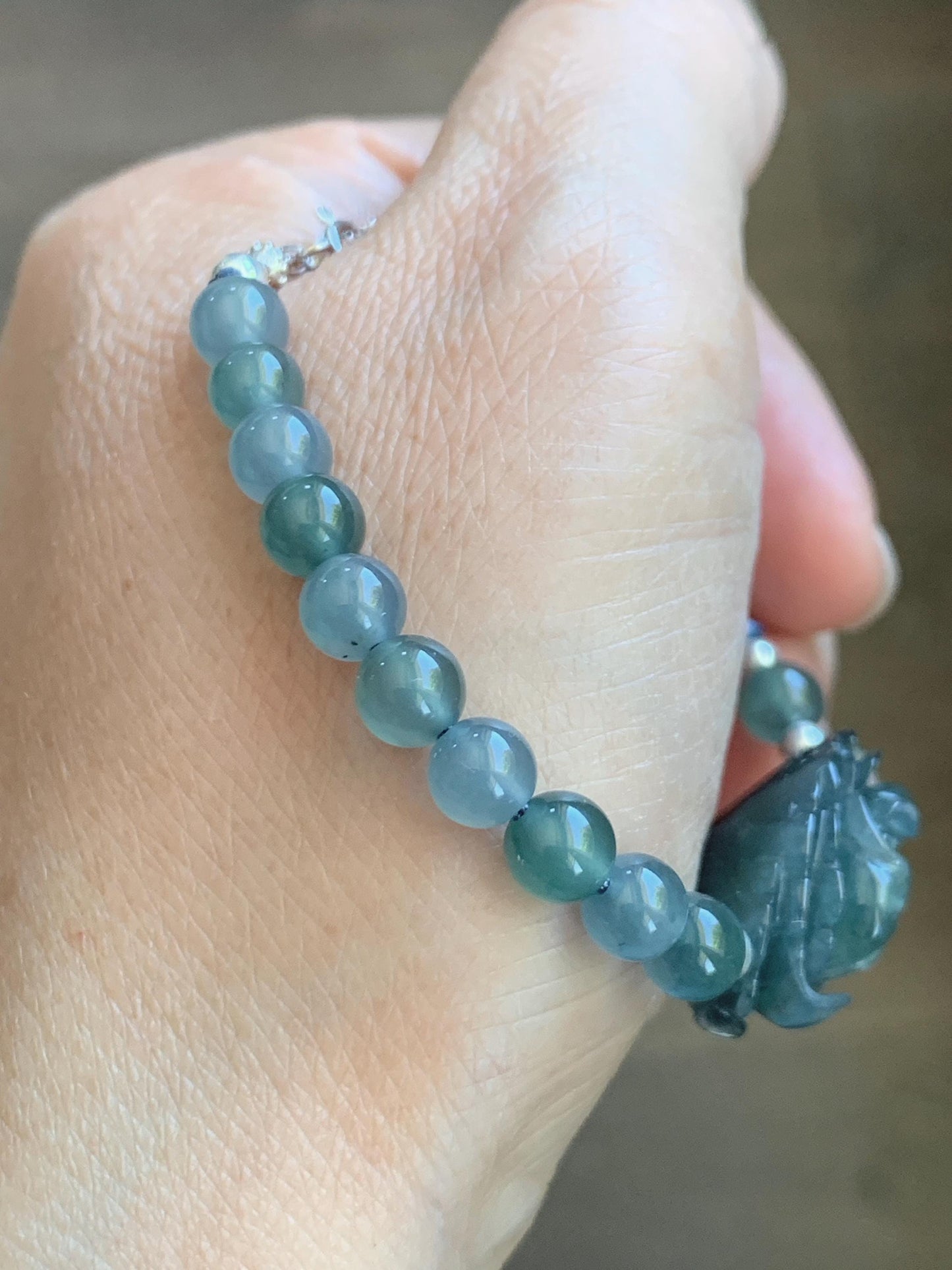 Natural Grade A Guatemalan Icy Dusty Blue Jade Jadeite Peony Flower Gourd Charm Beaded Bracelet 6.75” Sterling Silver 天然冰危蓝翡翠牡丹花圆珠手串 WMD414