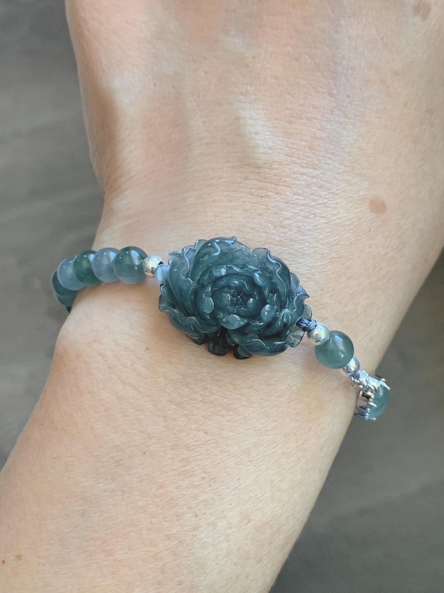Natural Grade A Guatemalan Icy Dusty Blue Jade Jadeite Peony Flower Gourd Charm Beaded Bracelet 6.75” Sterling Silver 天然冰危蓝翡翠牡丹花圆珠手串 WMD414