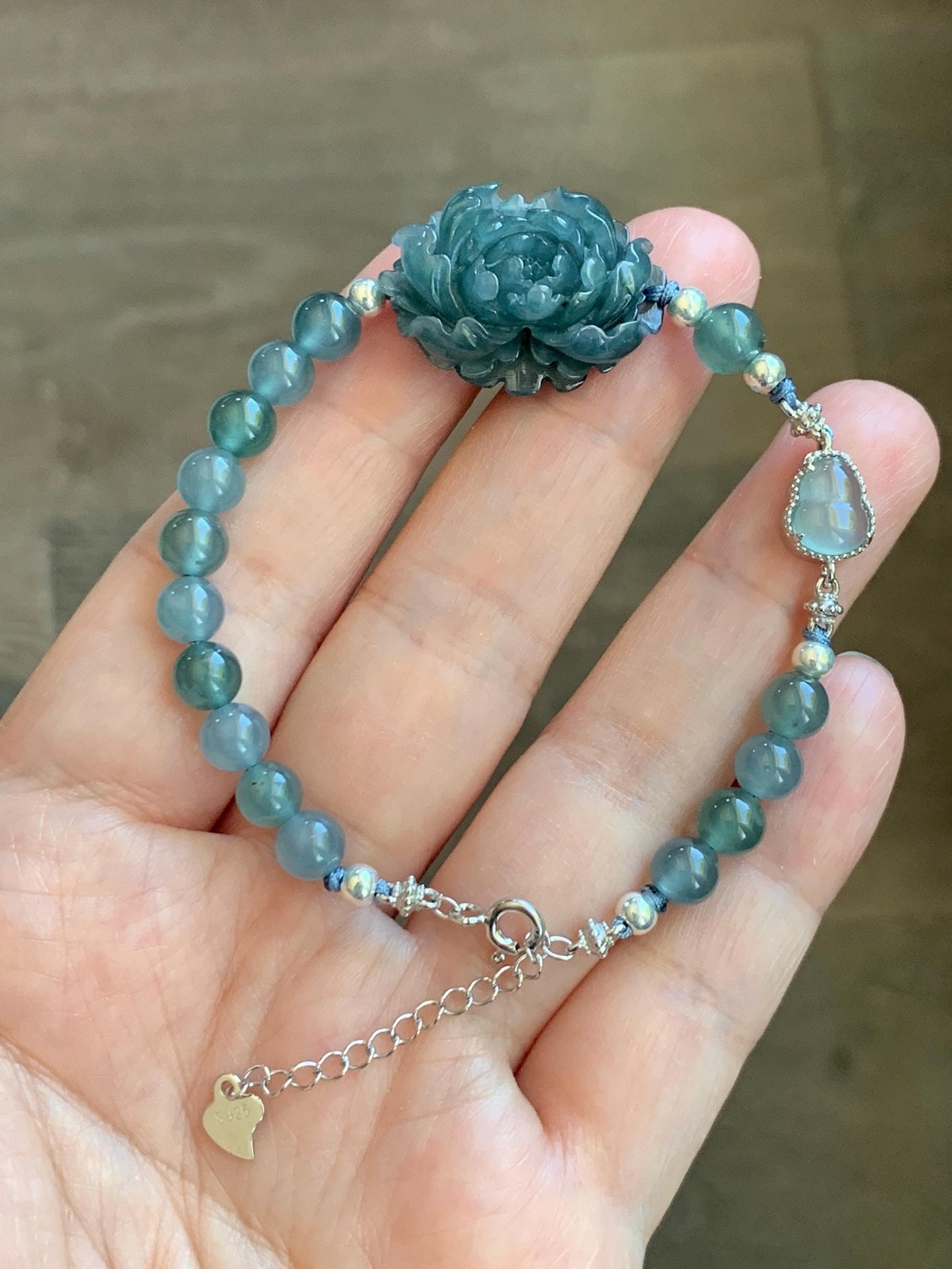Natural Grade A Guatemalan Icy Dusty Blue Jade Jadeite Peony Flower Gourd Charm Beaded Bracelet 6.75” Sterling Silver 天然冰危蓝翡翠牡丹花圆珠手串 WMD414