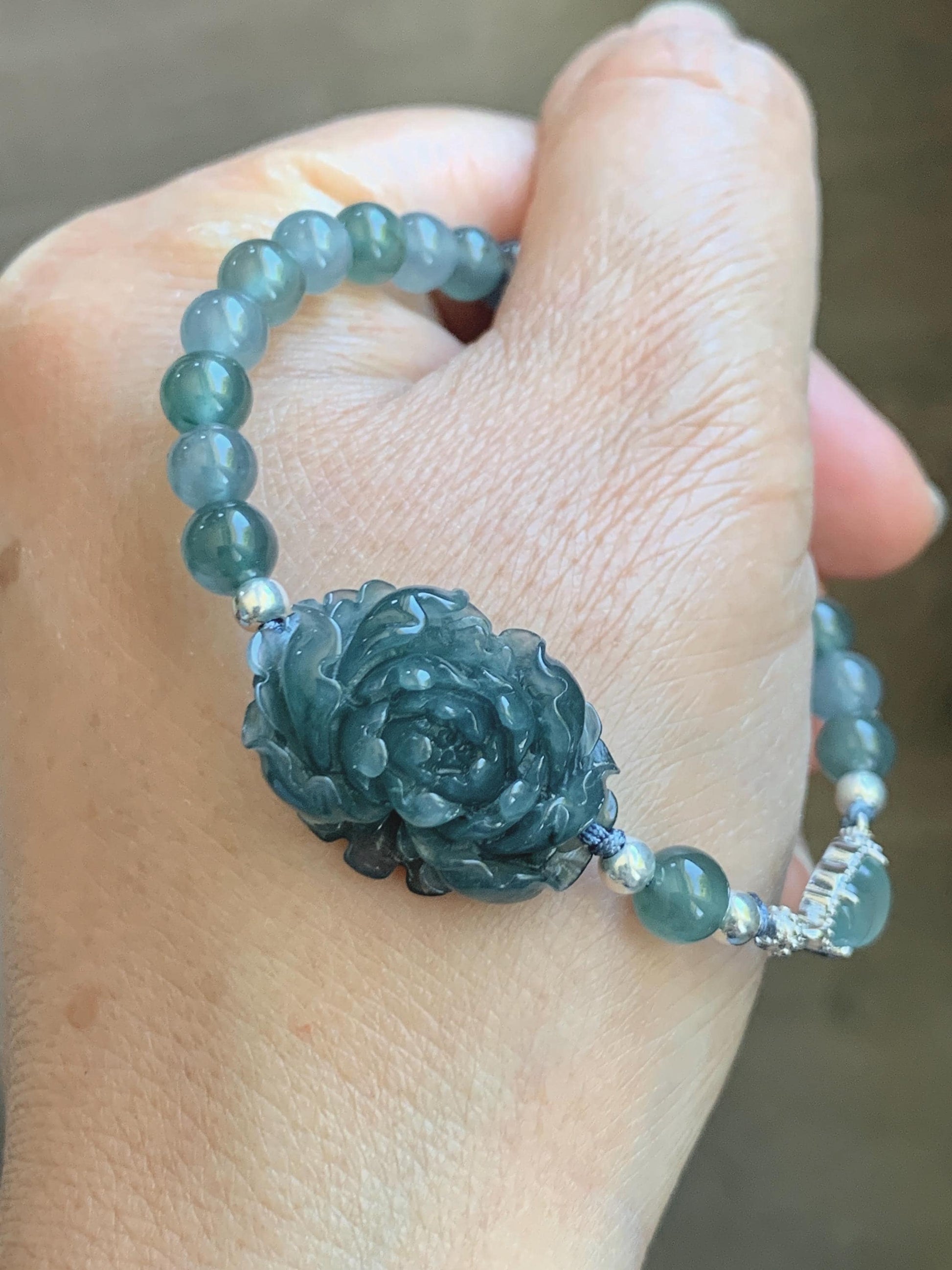 Natural Grade A Guatemalan Icy Dusty Blue Jade Jadeite Peony Flower Gourd Charm Beaded Bracelet 6.75” Sterling Silver 天然冰危蓝翡翠牡丹花圆珠手串 WMD414