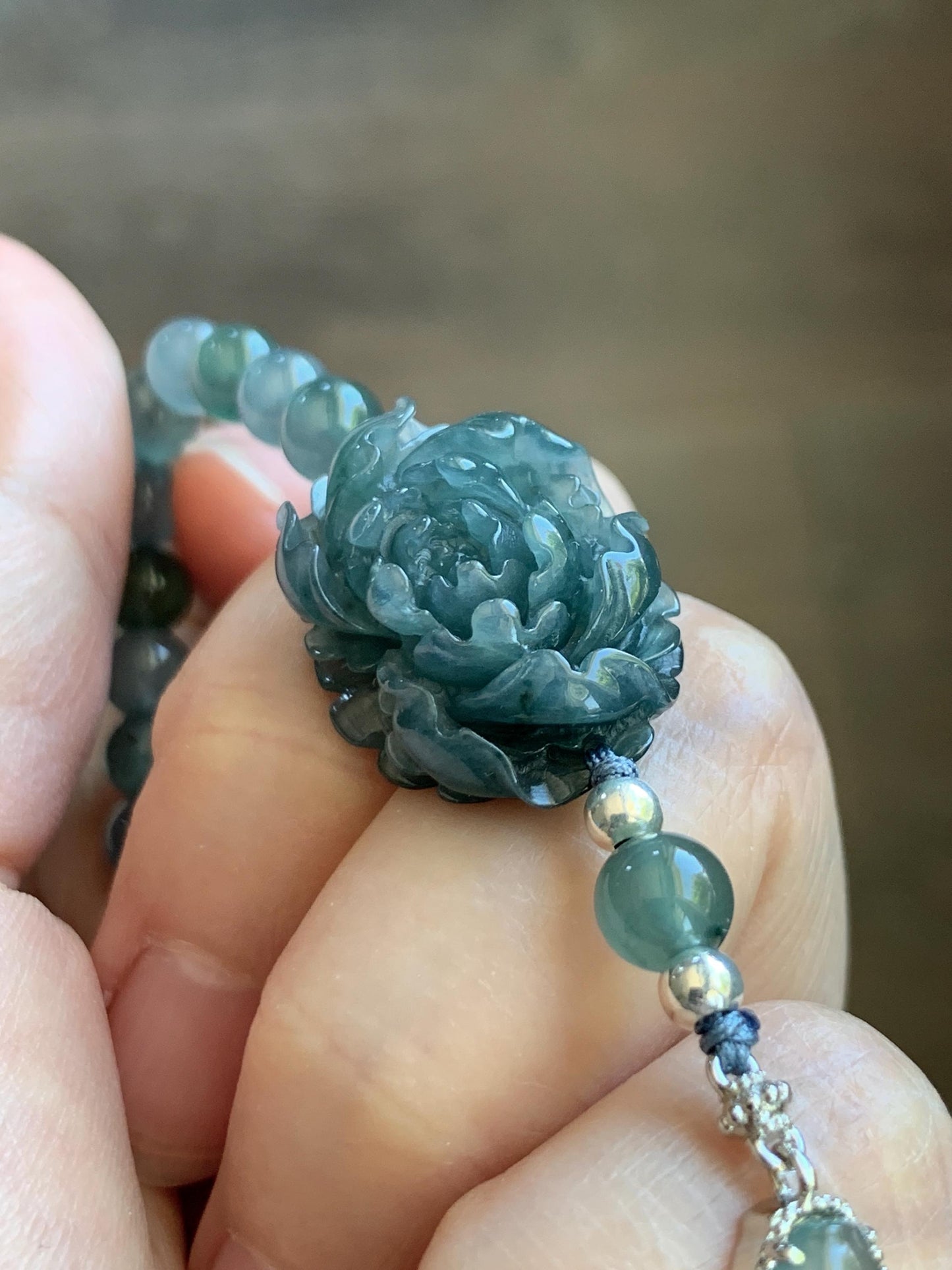 Natural Grade A Guatemalan Icy Dusty Blue Jade Jadeite Peony Flower Gourd Charm Beaded Bracelet 6.75” Sterling Silver 天然冰危蓝翡翠牡丹花圆珠手串 WMD414