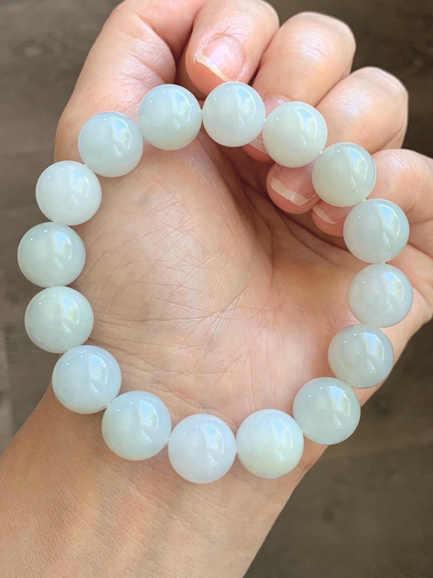 Natural Grade A Icy Translucent White Pastel Green Jade Jadeite Large Beads Beaded Bracelet 12.7mm 7.5” 58g 天然冰胶淡底色翡翠大卡圆珠手串 MDS990C