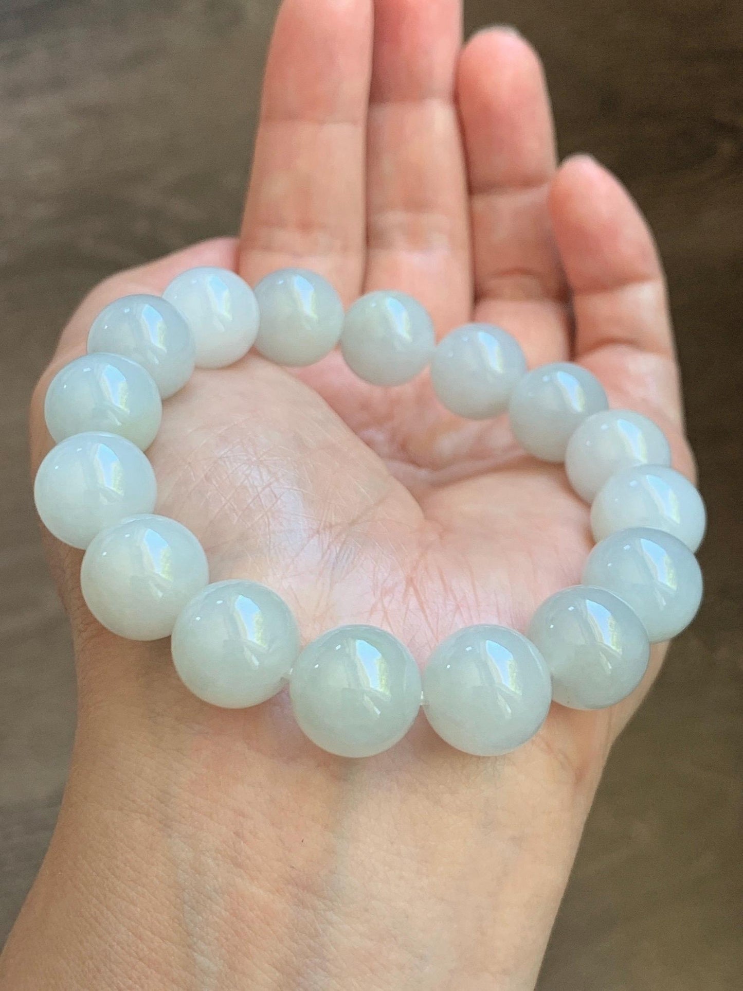 Natural Grade A Icy Translucent White Pastel Green Jade Jadeite Large Beads Beaded Bracelet 12.7mm 7.5” 58g 天然冰胶淡底色翡翠大卡圆珠手串 MDS990C
