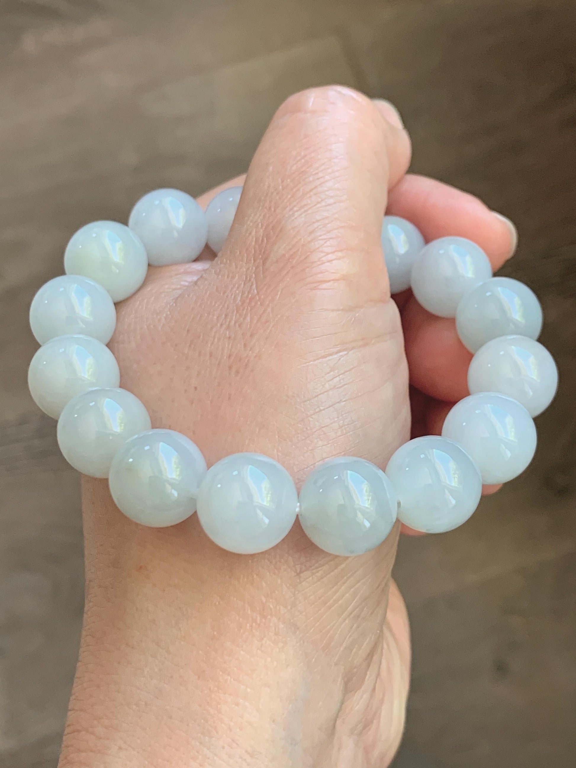 Natural Grade A Icy Translucent White Pastel Green Jade Jadeite Large Beads Beaded Bracelet 12.7mm 7.5” 58g 天然冰胶淡底色翡翠大卡圆珠手串 MDS990C