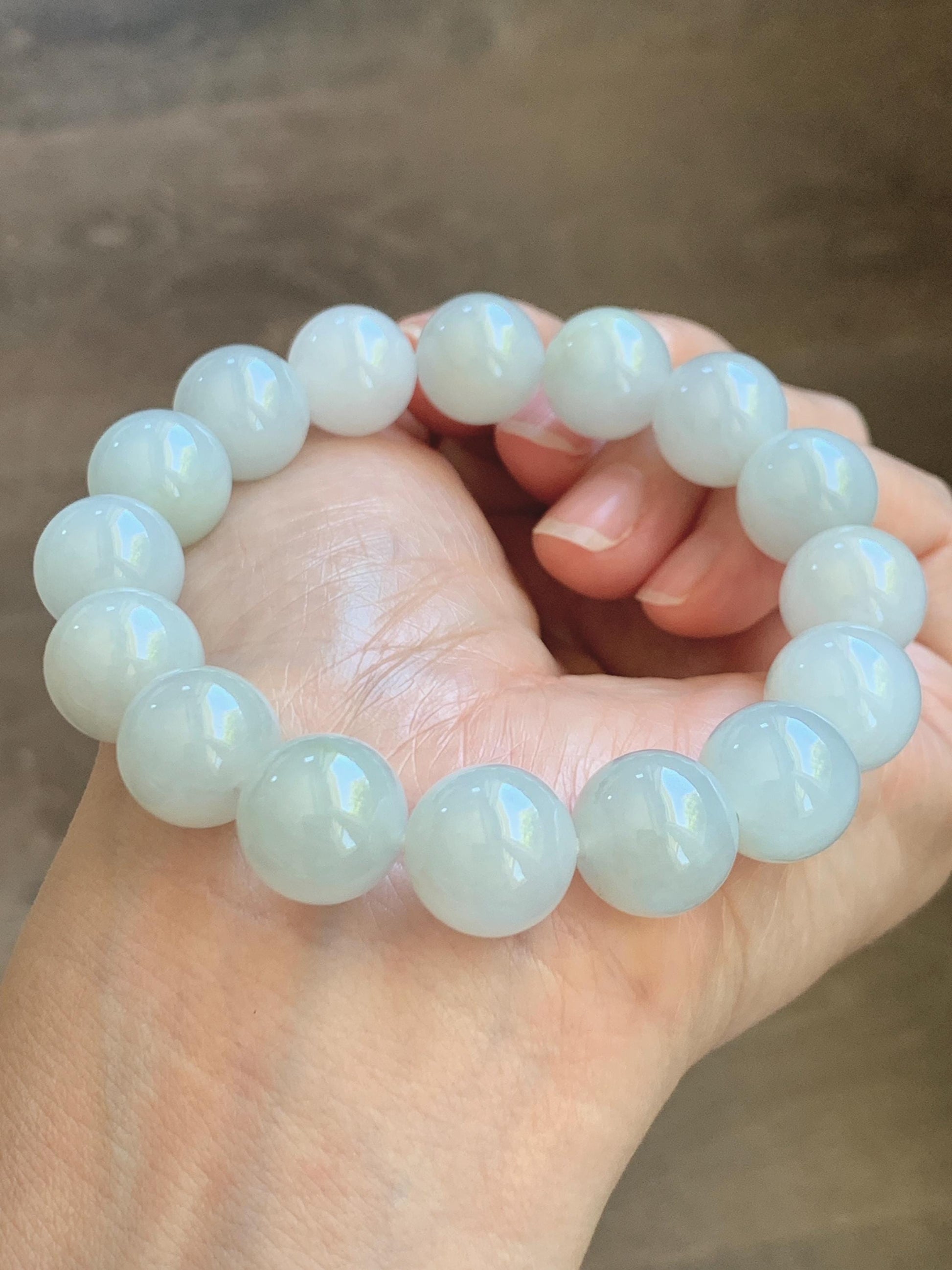 Natural Grade A Icy Translucent White Pastel Green Jade Jadeite Large Beads Beaded Bracelet 12.7mm 7.5” 58g 天然冰胶淡底色翡翠大卡圆珠手串 MDS990C