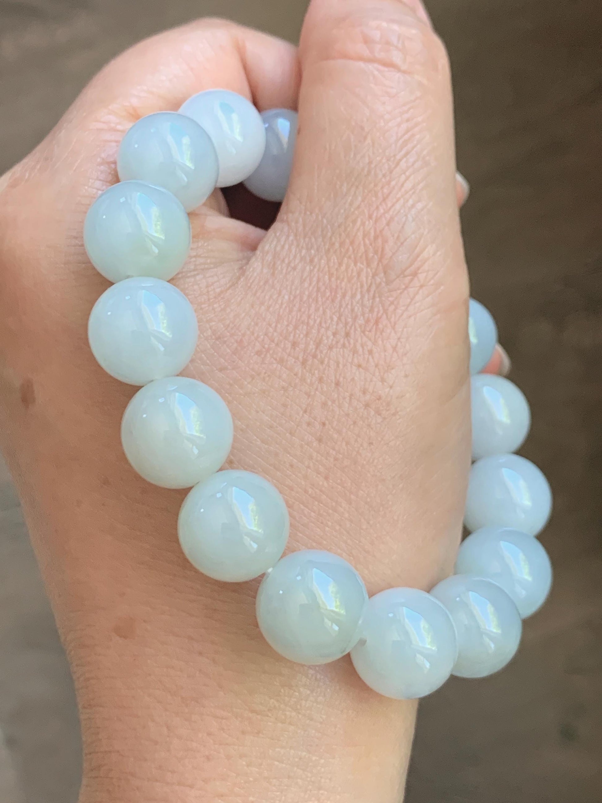 Natural Grade A Icy Translucent White Pastel Green Jade Jadeite Large Beads Beaded Bracelet 12.7mm 7.5” 58g 天然冰胶淡底色翡翠大卡圆珠手串 MDS990C