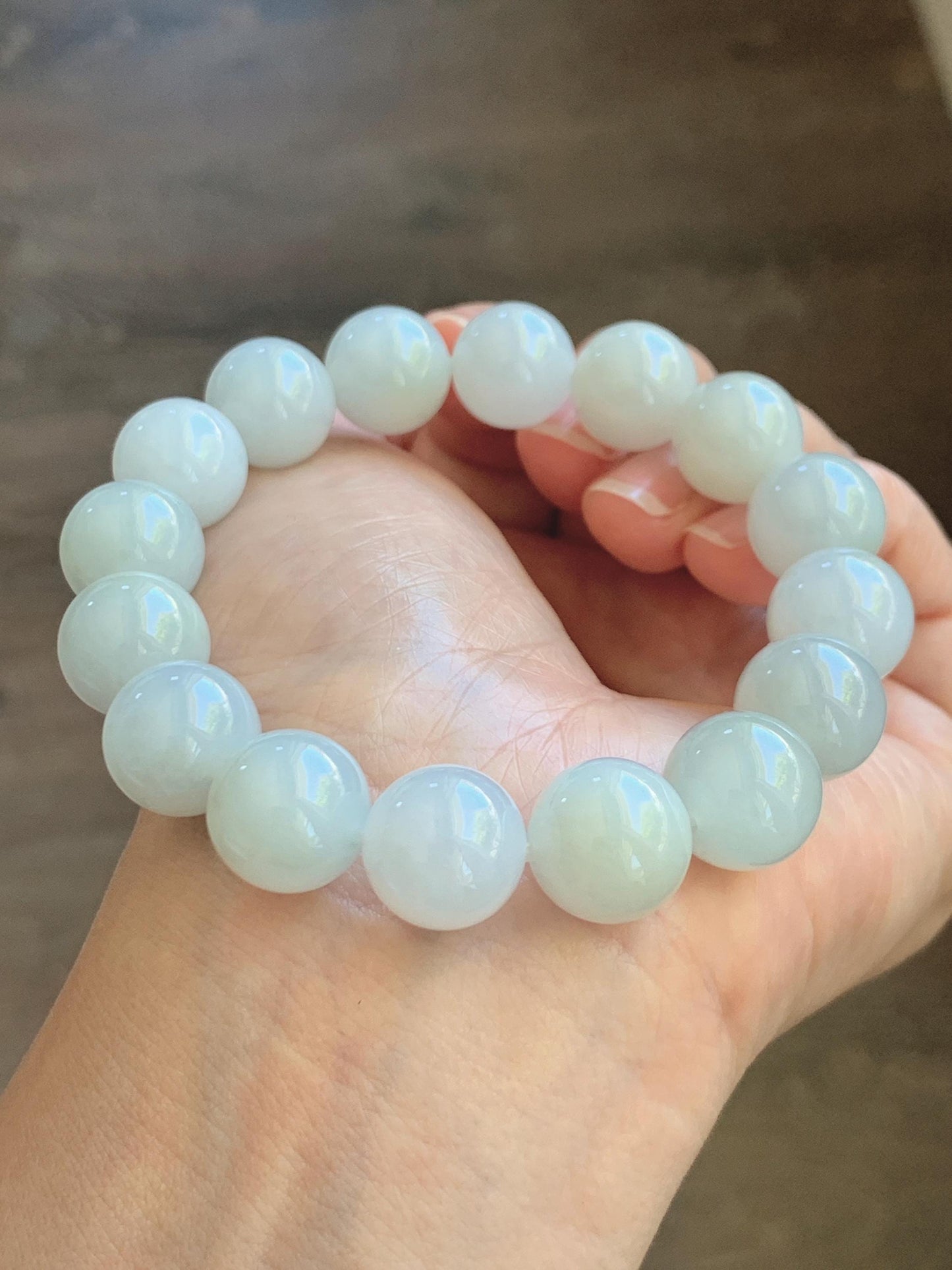 Natural Grade A Icy Translucent White Pastel Green Jade Jadeite Large Beads Beaded Bracelet 12.7mm 7.5” 58g 天然冰胶淡底色翡翠大卡圆珠手串 MDS990C