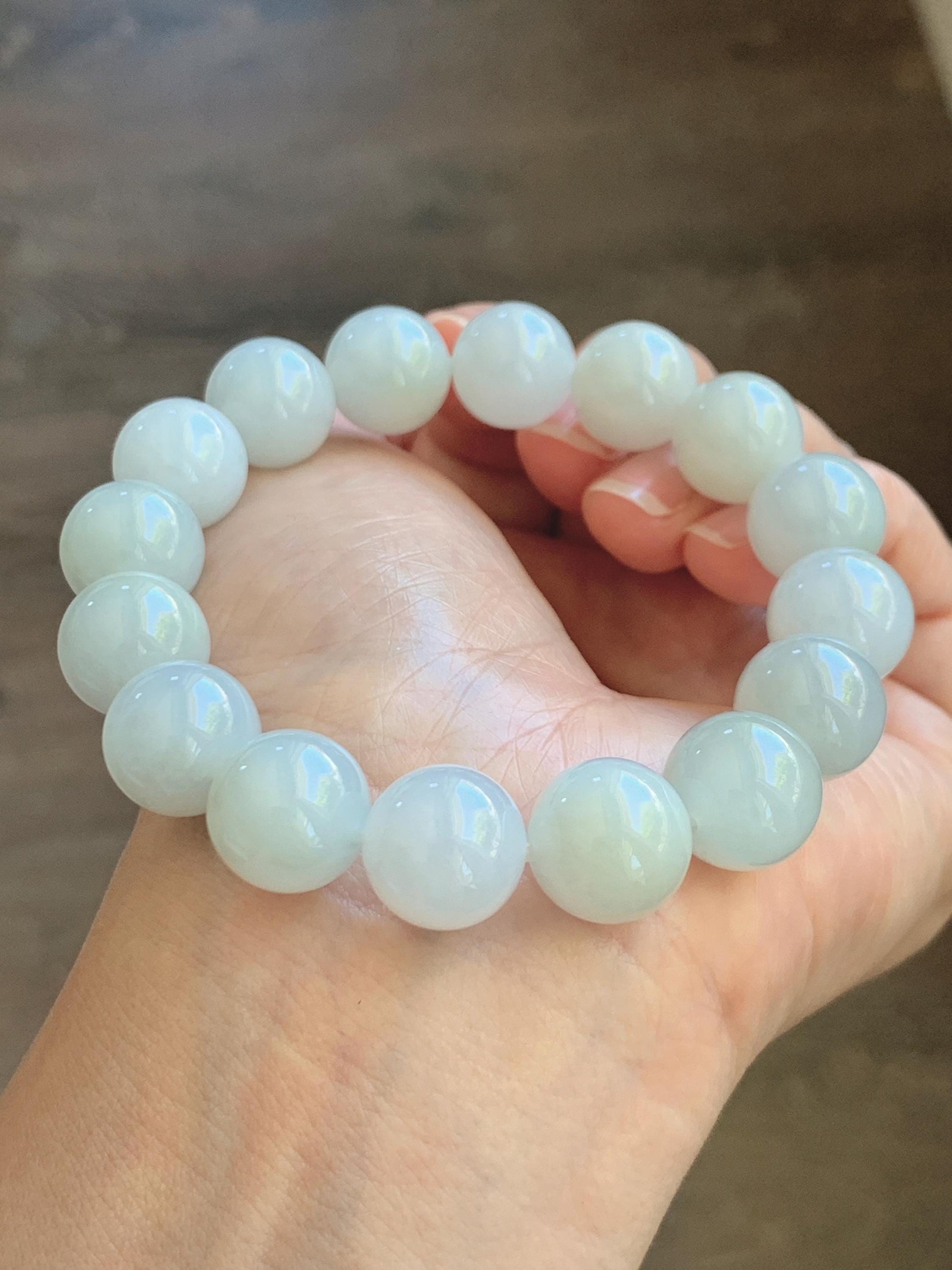 Natural Grade A Icy Translucent White Pastel Green Jade Jadeite Large Beads Beaded Bracelet 12.7mm 7.5” 58g 天然冰胶淡底色翡翠大卡圆珠手串 MDS990C
