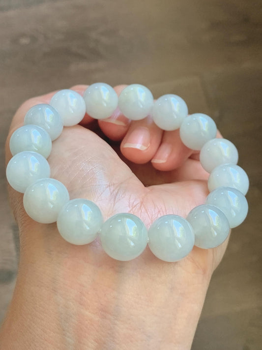 Natural Grade A Icy Translucent White Pastel Green Jade Jadeite Large Beads Beaded Bracelet 12.7mm 7.5” 58g 天然冰胶淡底色翡翠大卡圆珠手串 MDS990C