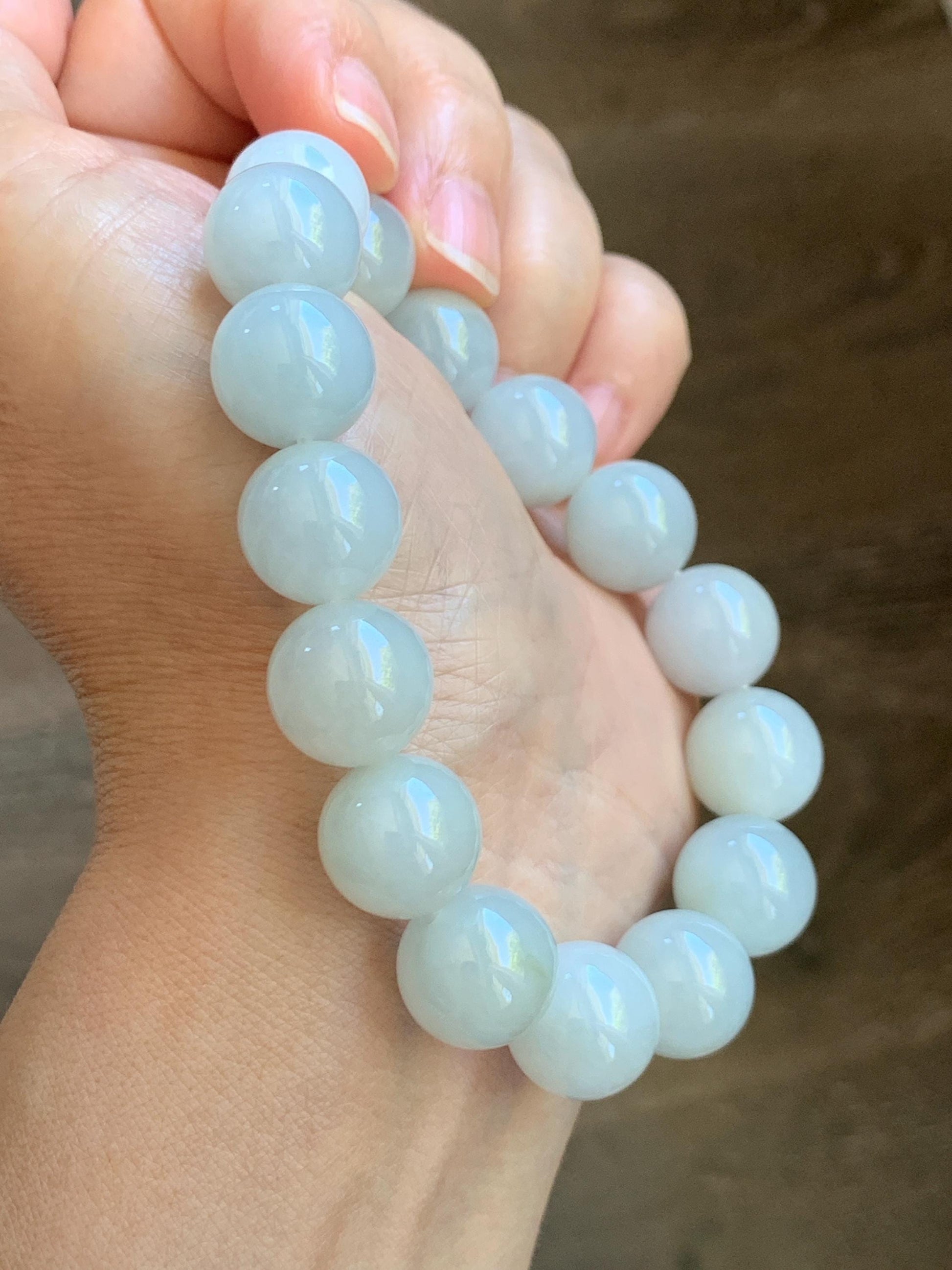 Natural Grade A Icy Translucent White Pastel Green Jade Jadeite Large Beads Beaded Bracelet 12.7mm 7.5” 58g 天然冰胶淡底色翡翠大卡圆珠手串 MDS990C