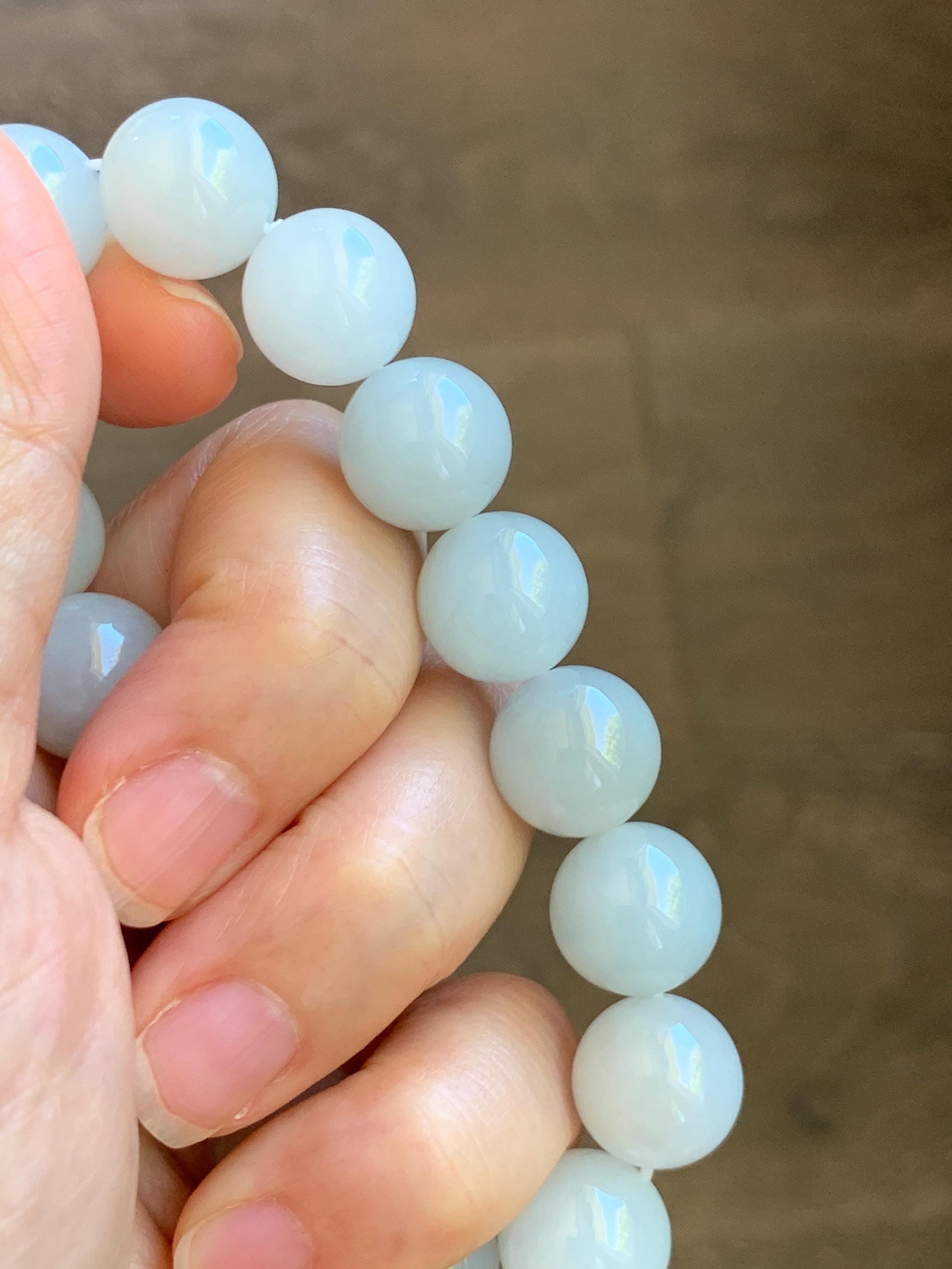 Natural Grade A Icy Translucent White Pastel Green Jade Jadeite Large Beads Beaded Bracelet 12.7mm 7.5” 58g 天然冰胶淡底色翡翠大卡圆珠手串 MDS990C