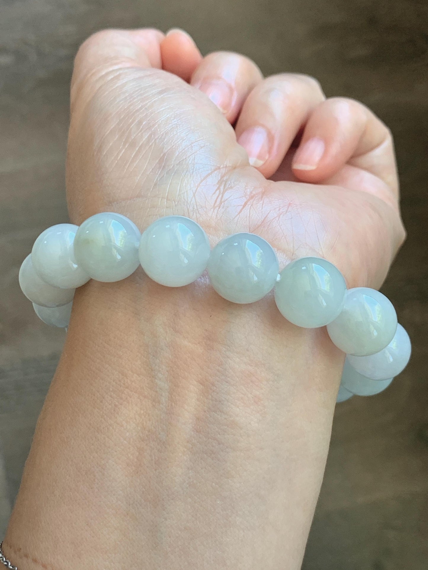 Natural Grade A Icy Translucent White Pastel Green Jade Jadeite Large Beads Beaded Bracelet 12.7mm 7.5” 58g 天然冰胶淡底色翡翠大卡圆珠手串 MDS990C