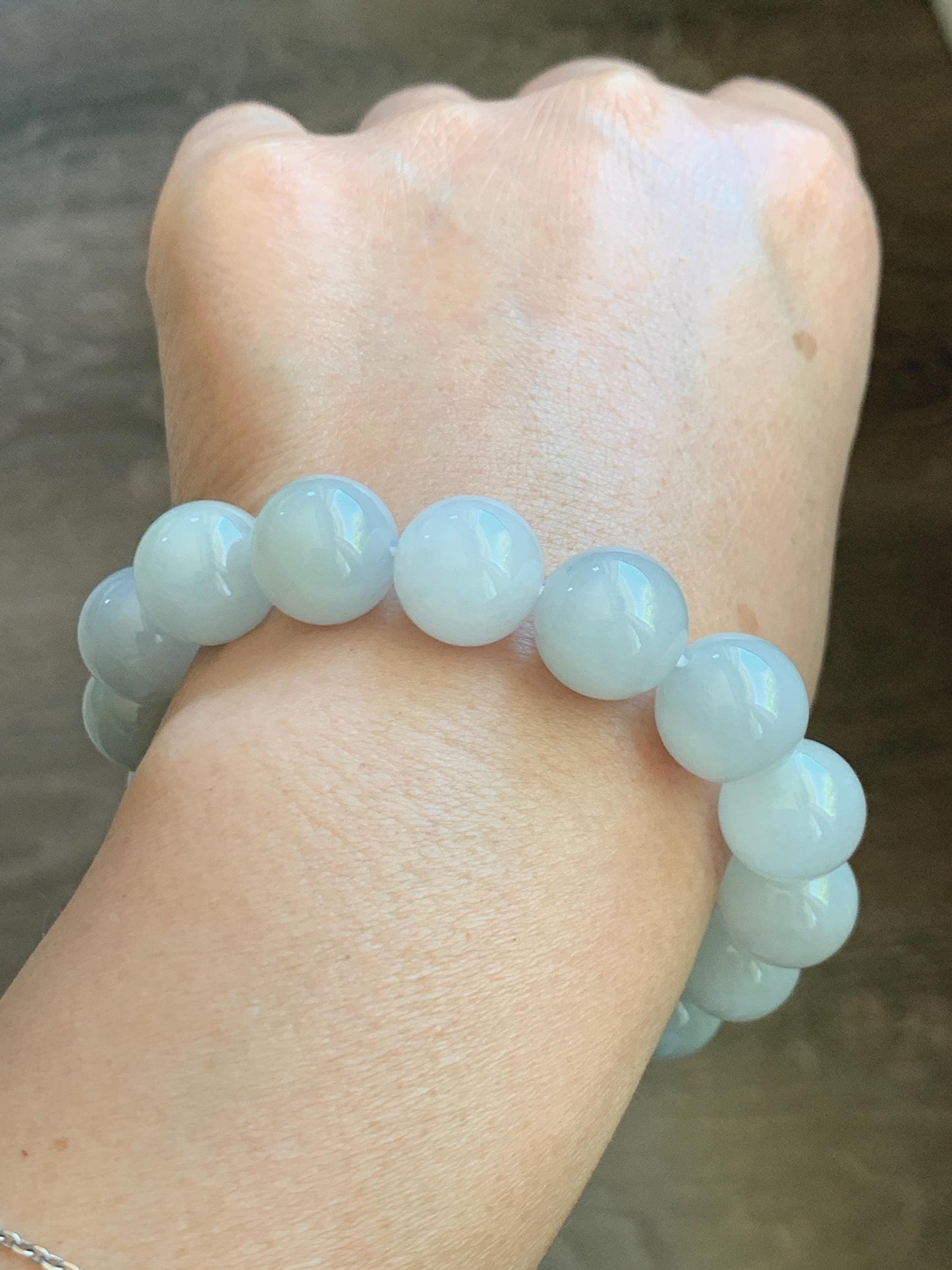 Natural Grade A Icy Translucent White Pastel Green Jade Jadeite Large Beads Beaded Bracelet 12.7mm 7.5” 58g 天然冰胶淡底色翡翠大卡圆珠手串 MDS990C