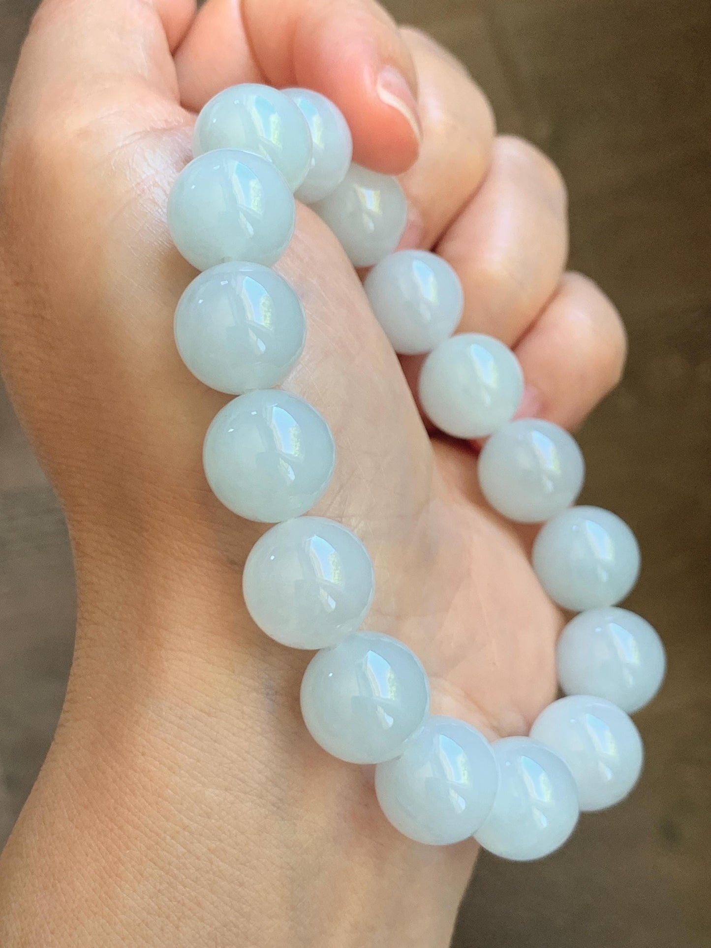 Natural Grade A Icy Translucent White Pale Green Undertone Jade Jadeite Large Beads Beaded Bracelet 12.7mm 7.5” 59g 天然冰胶淡底色翡翠大卡圆珠手串 MDS990B