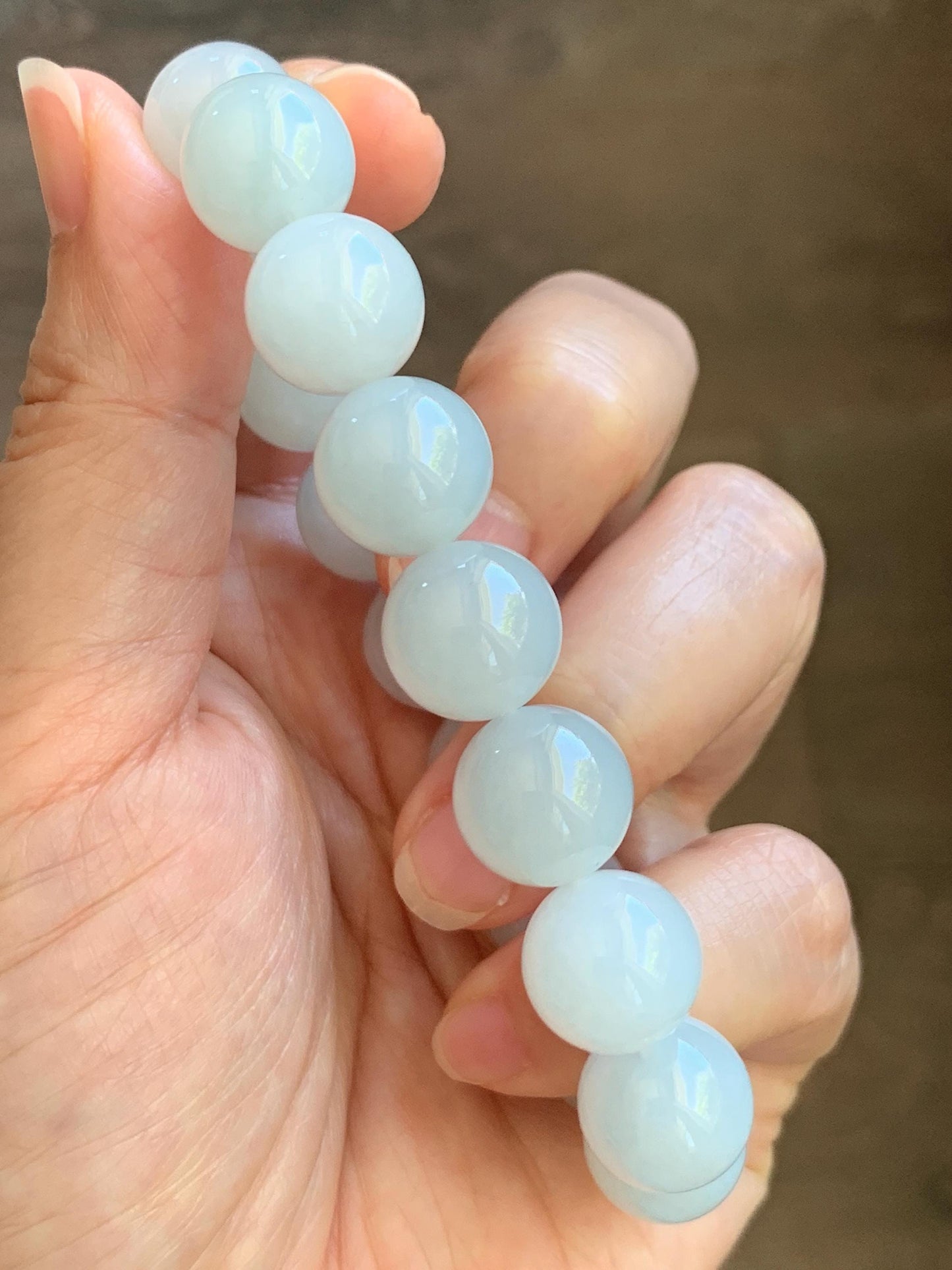 Natural Grade A Icy Translucent White Pale Green Undertone Jade Jadeite Large Beads Beaded Bracelet 12.7mm 7.5” 59g 天然冰胶淡底色翡翠大卡圆珠手串 MDS990B
