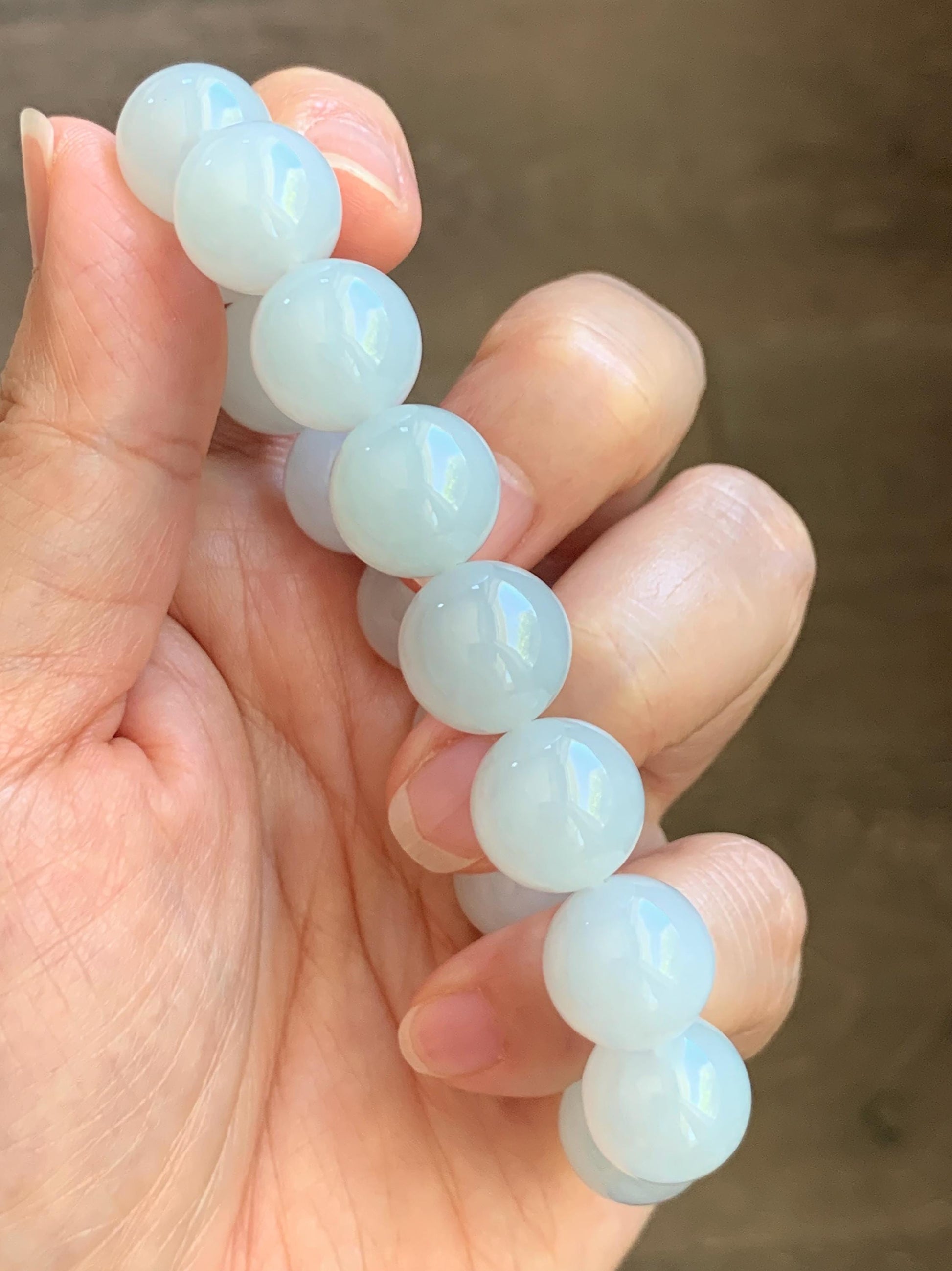 Natural Grade A Icy Translucent White Pale Green Undertone Jade Jadeite Large Beads Beaded Bracelet 12.7mm 7.5” 59g 天然冰胶淡底色翡翠大卡圆珠手串 MDS990B