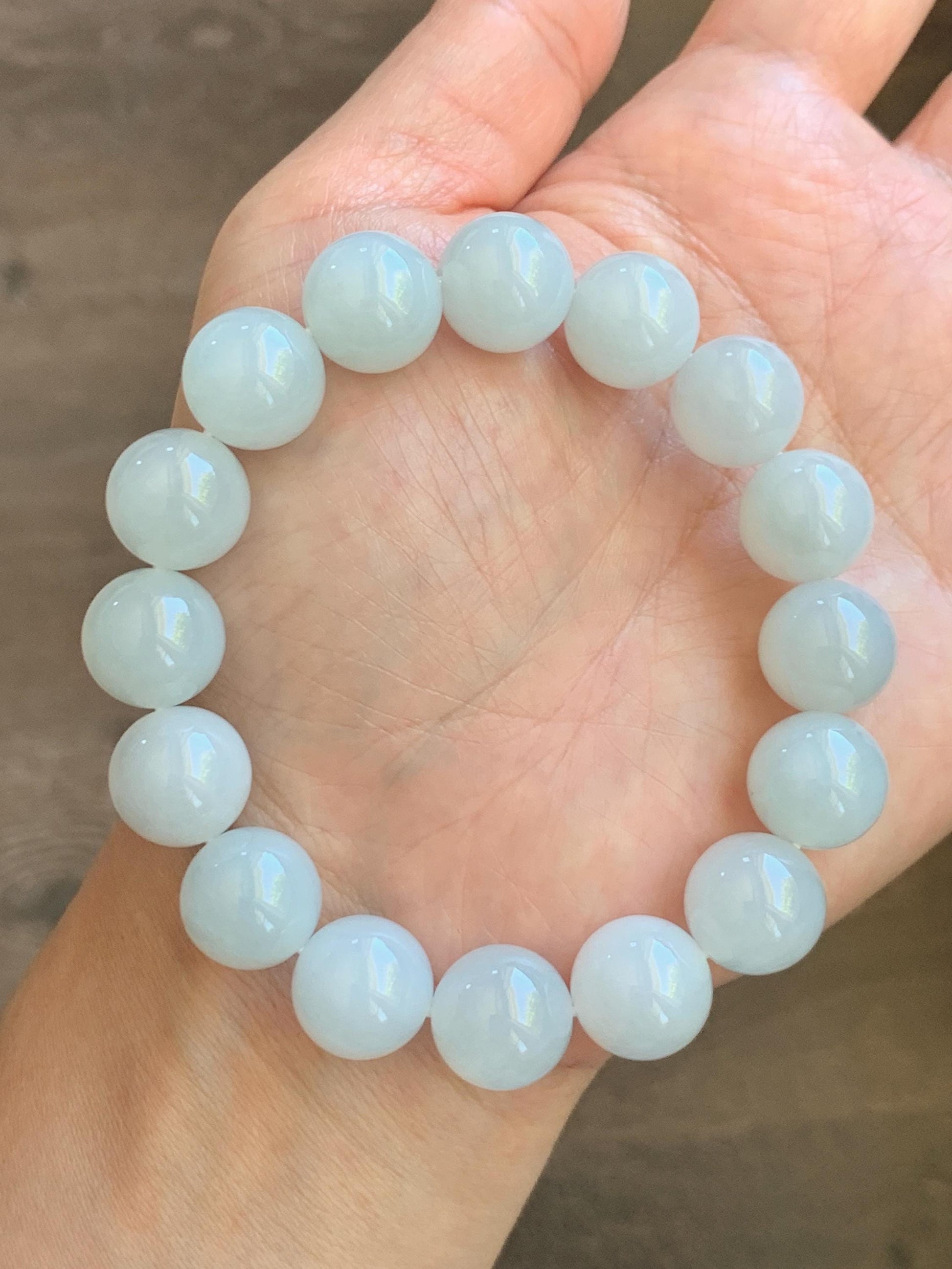Natural Grade A Icy Translucent White Pale Green Undertone Jade Jadeite Large Beads Beaded Bracelet 12.7mm 7.5” 59g 天然冰胶淡底色翡翠大卡圆珠手串 MDS990B