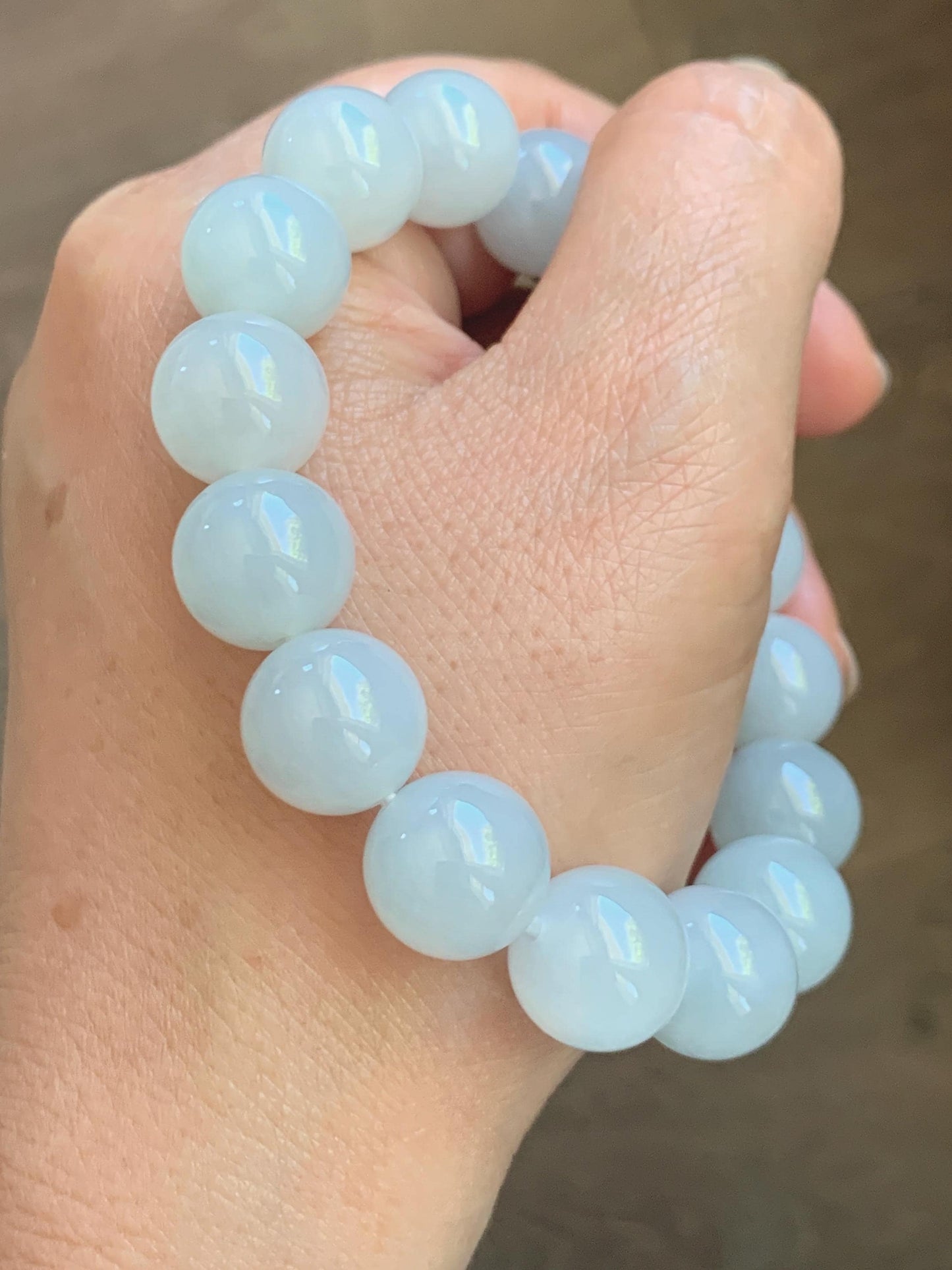 Natural Grade A Icy Translucent White Pale Green Undertone Jade Jadeite Large Beads Beaded Bracelet 12.7mm 7.5” 59g 天然冰胶淡底色翡翠大卡圆珠手串 MDS990B