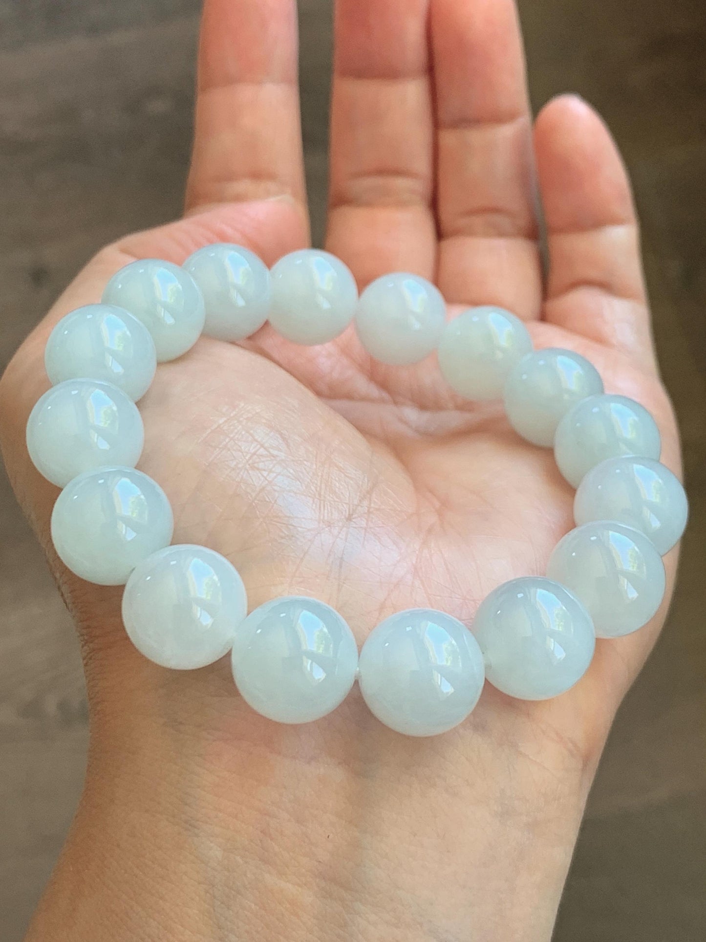 Natural Grade A Icy Translucent White Pale Green Undertone Jade Jadeite Large Beads Beaded Bracelet 12.7mm 7.5” 59g 天然冰胶淡底色翡翠大卡圆珠手串 MDS990B