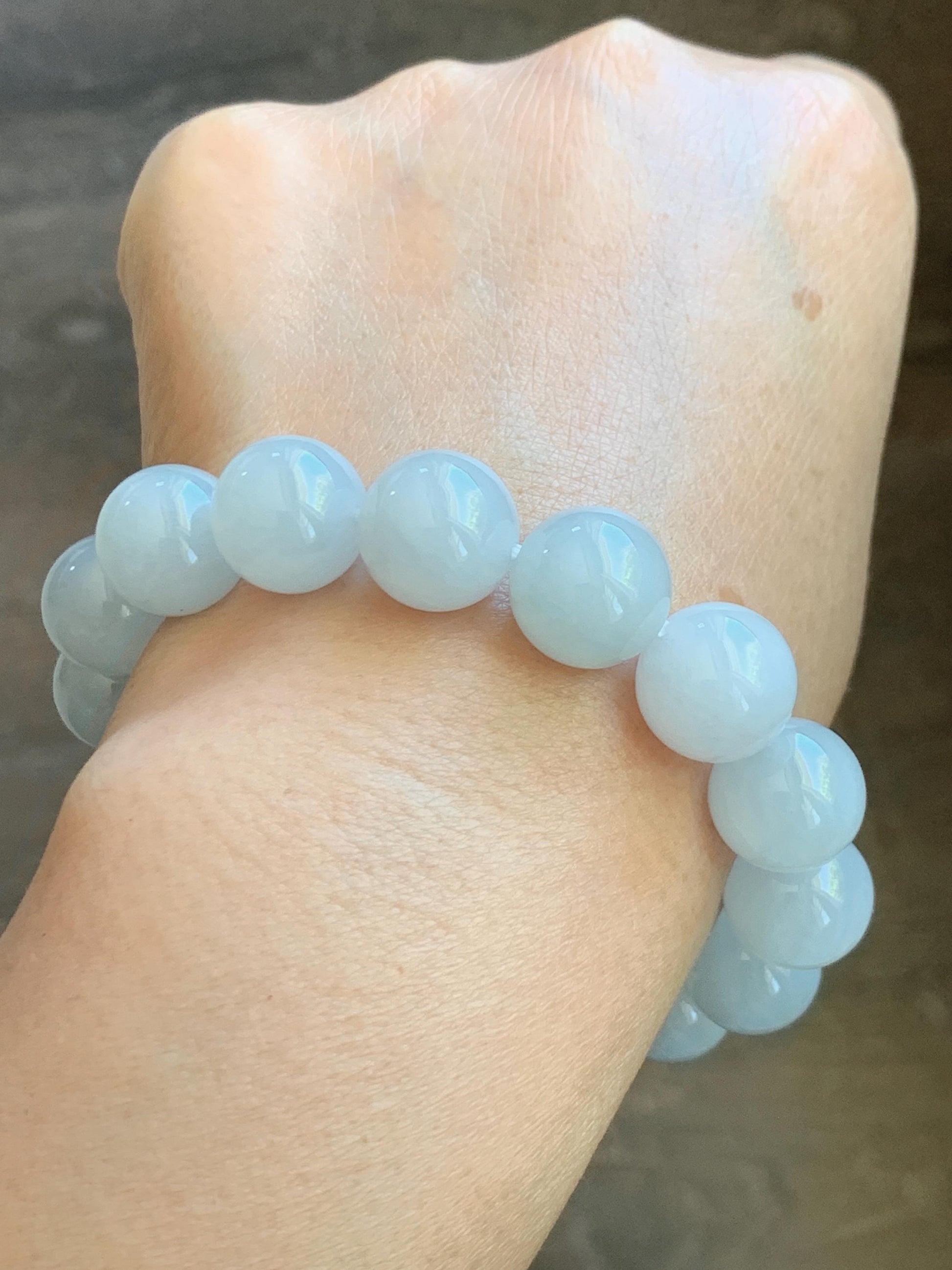 Natural Grade A Icy Translucent White Pale Green Undertone Jade Jadeite Large Beads Beaded Bracelet 12.7mm 7.5” 59g 天然冰胶淡底色翡翠大卡圆珠手串 MDS990B