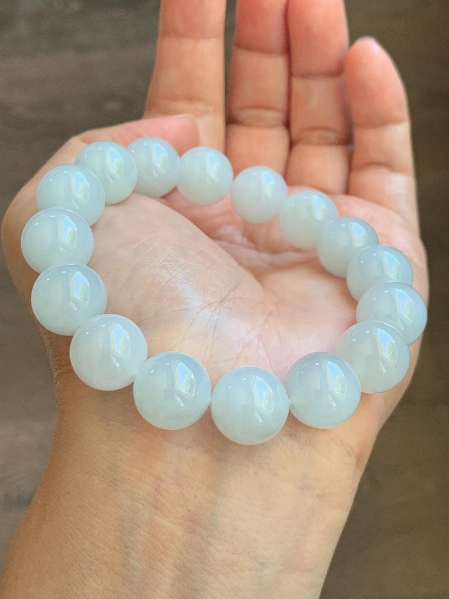 Natural Grade A Icy Translucent White Pale Green Undertone Jade Jadeite Large Beads Beaded Bracelet 12.7mm 7.5” 59g 天然冰胶淡底色翡翠大卡圆珠手串 MDS990B