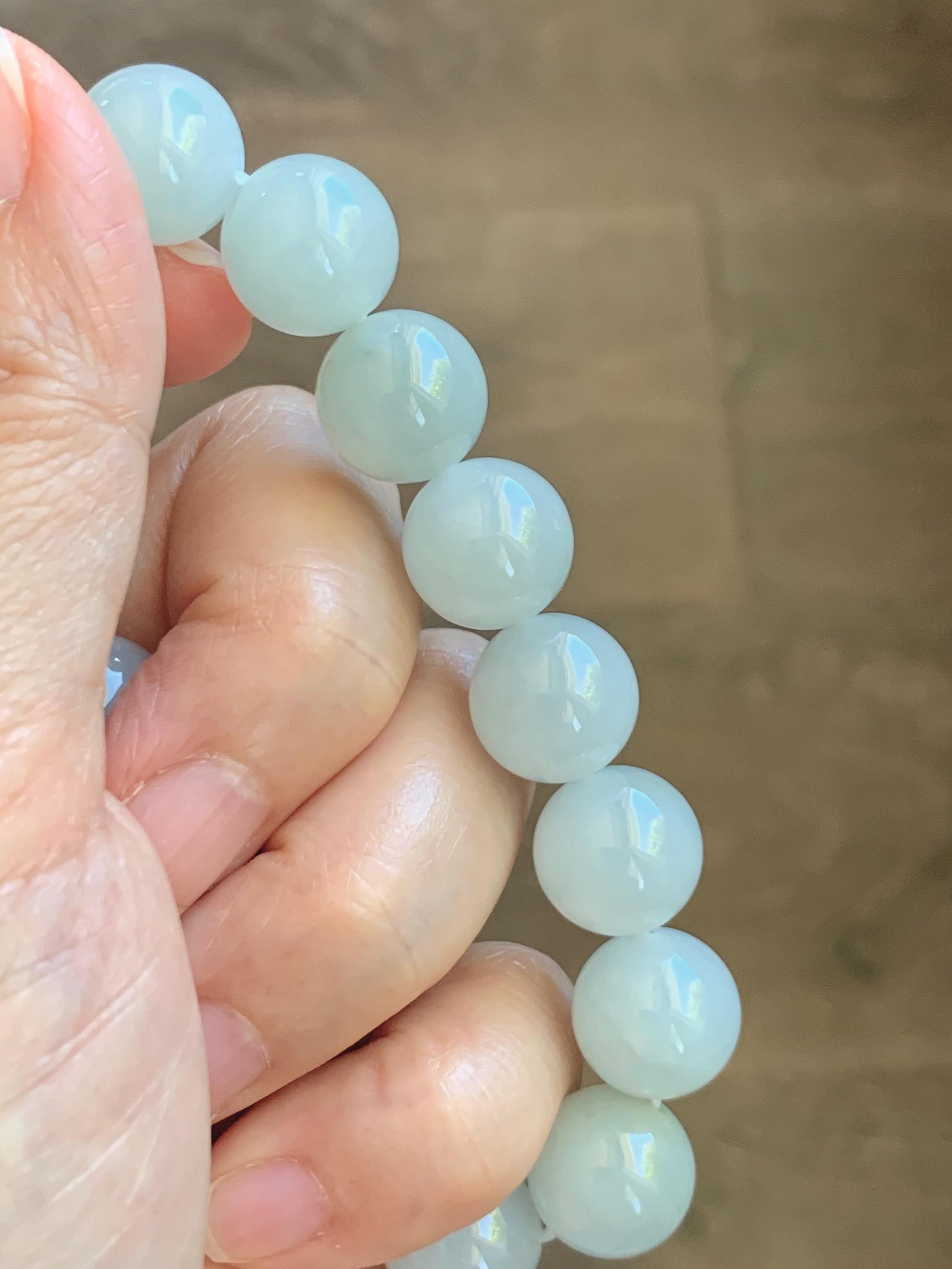 Natural Grade A Icy Translucent White Pale Green Undertone Jade Jadeite Large Beads Beaded Bracelet 12.7mm 7.5” 58g 天然冰胶淡底色翡翠大卡圆珠手串 MDS990A
