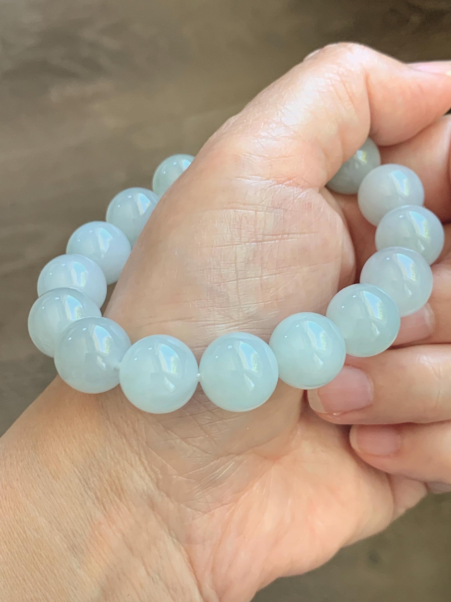Natural Grade A Icy Translucent White Pale Green Undertone Jade Jadeite Large Beads Beaded Bracelet 12.7mm 7.5” 58g 天然冰胶淡底色翡翠大卡圆珠手串 MDS990A