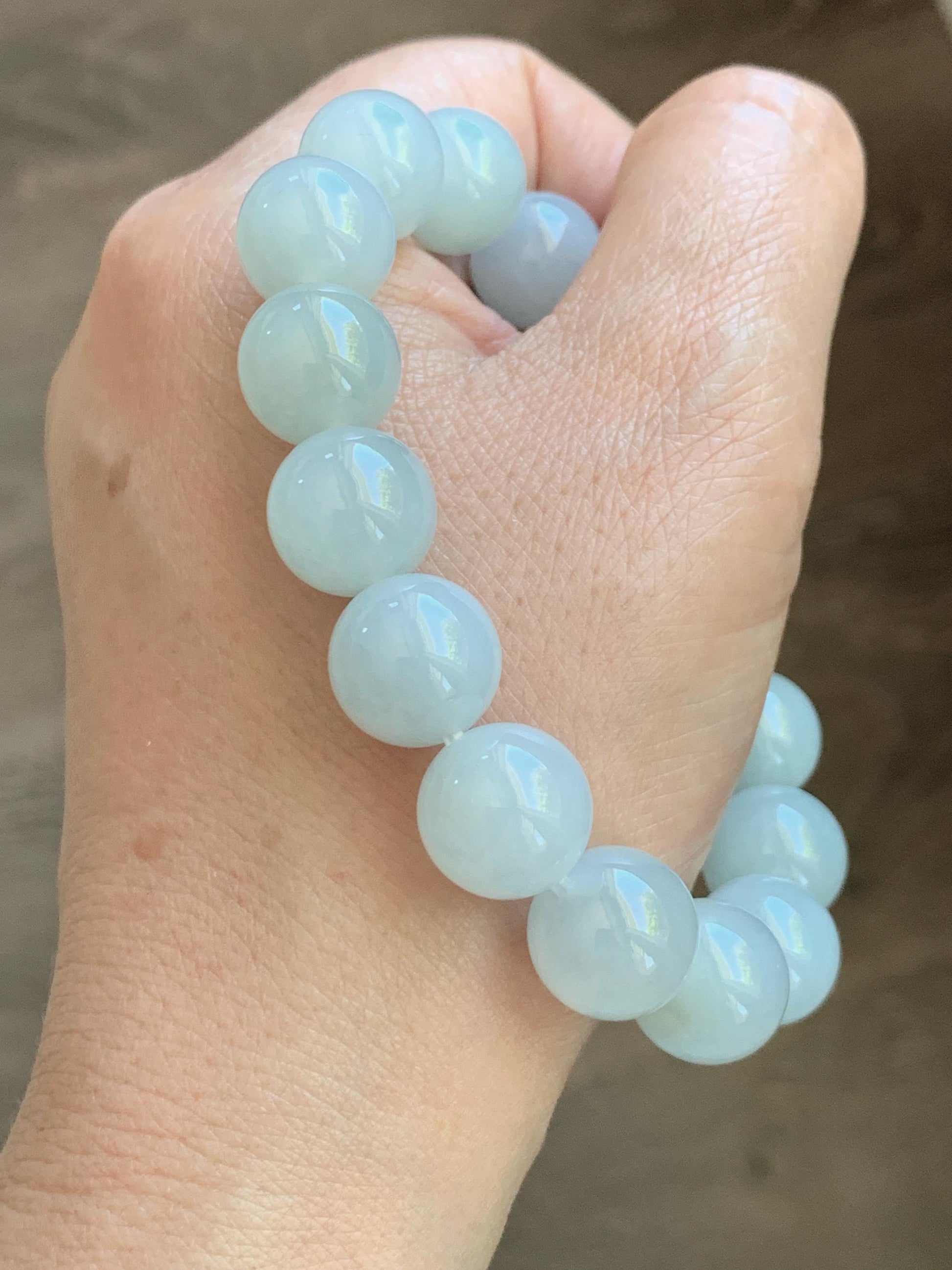 Natural Grade A Icy Translucent White Pale Green Undertone Jade Jadeite Large Beads Beaded Bracelet 12.7mm 7.5” 58g 天然冰胶淡底色翡翠大卡圆珠手串 MDS990A