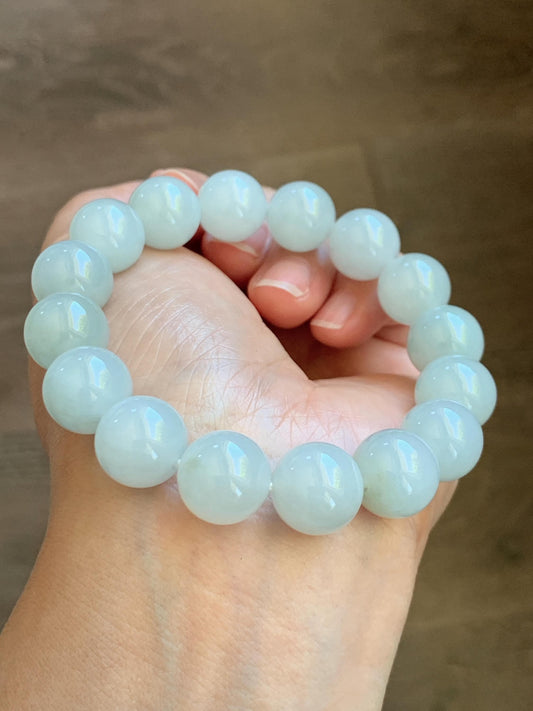 Natural Grade A Icy Translucent White Pale Green Undertone Jade Jadeite Large Beads Beaded Bracelet 12.7mm 7.5” 58g 天然冰胶淡底色翡翠大卡圆珠手串 MDS990A