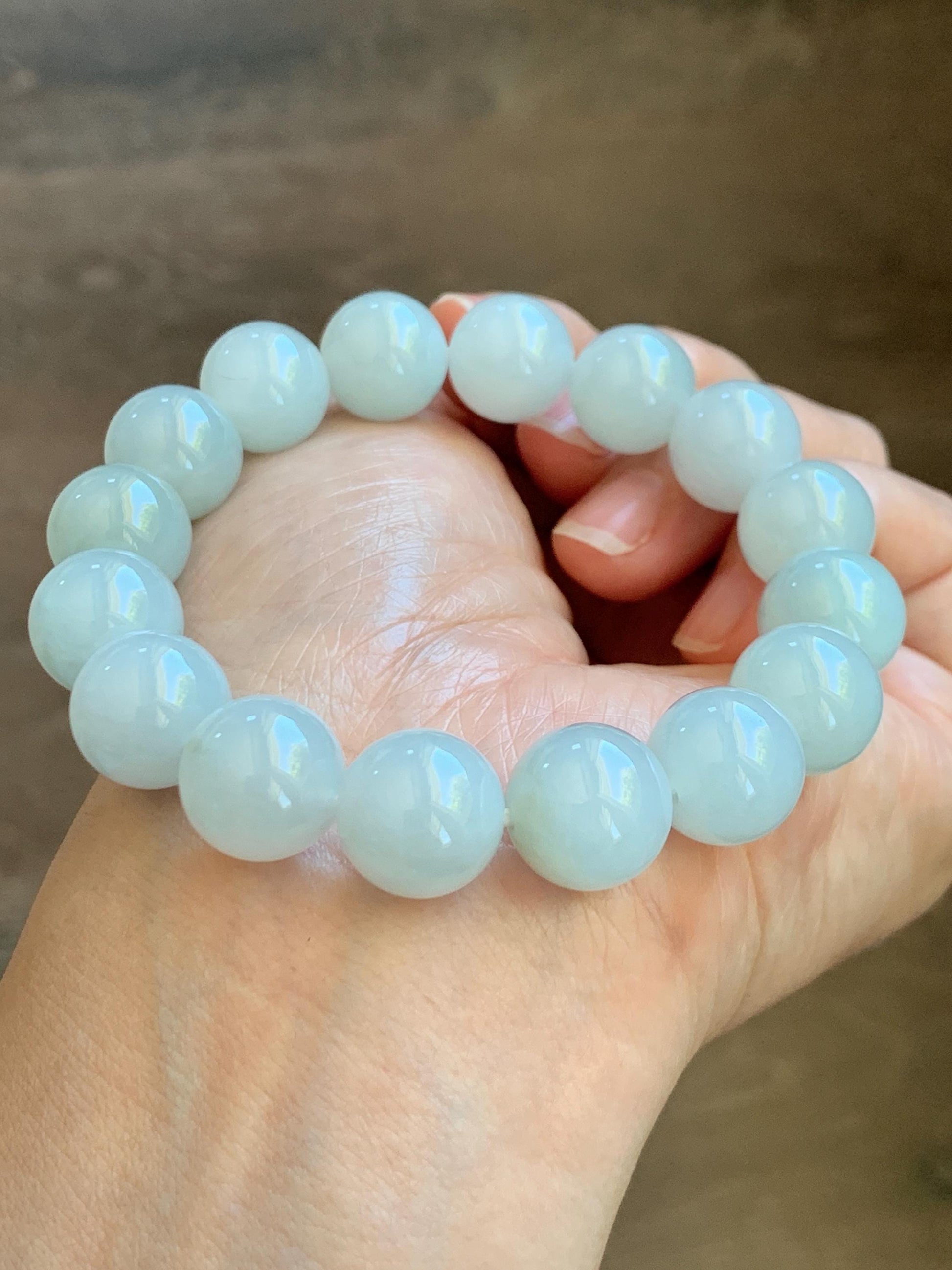 Natural Grade A Icy Translucent White Pale Green Undertone Jade Jadeite Large Beads Beaded Bracelet 12.7mm 7.5” 58g 天然冰胶淡底色翡翠大卡圆珠手串 MDS990A
