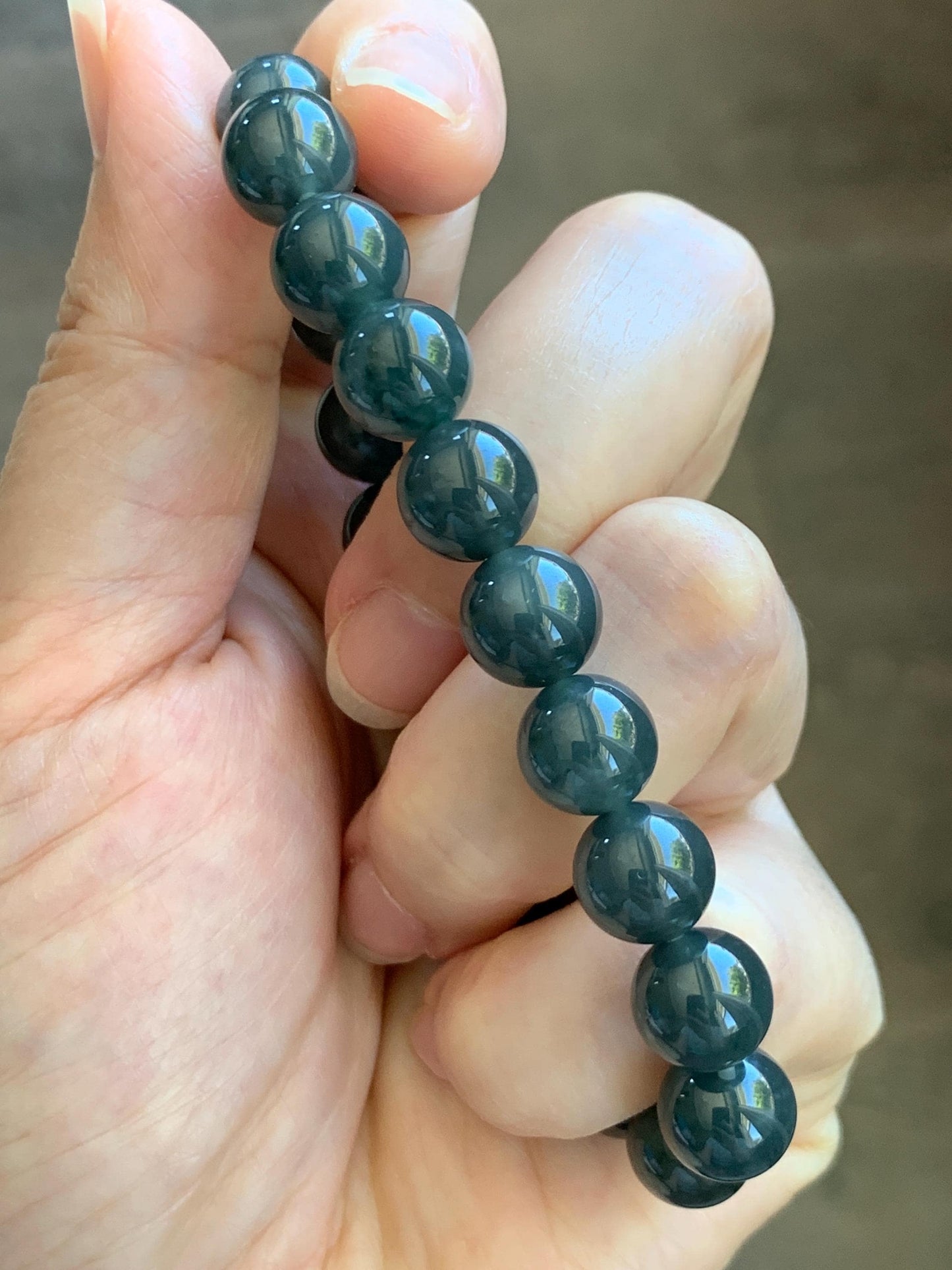 Natural Grade A Guatemalan Icy Translucent Dark Gray Wuji Jade Jadeite Beads Beaded Bracelet 9.7mm 7.25” 32g 天然冰胶危乌鸡翡翠手串 WWJ110