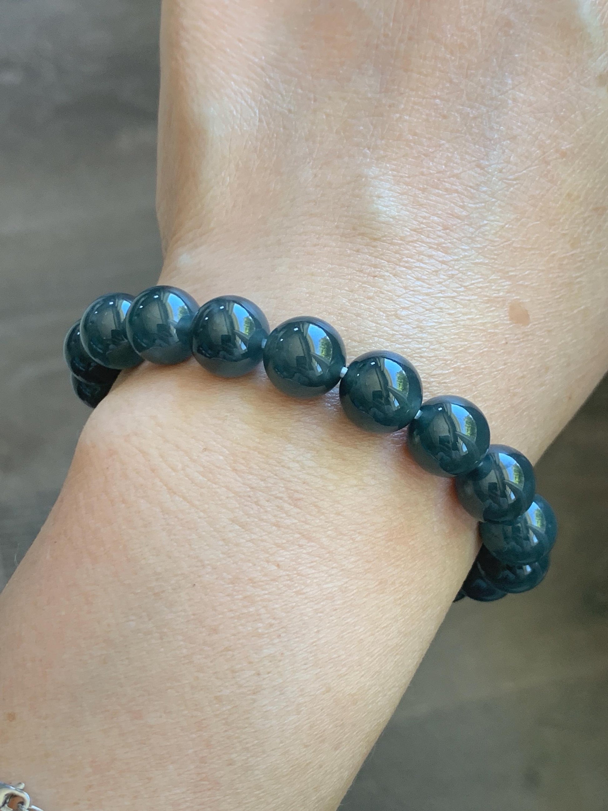 Natural Grade A Guatemalan Icy Translucent Dark Gray Wuji Jade Jadeite Beads Beaded Bracelet 9.7mm 7.25” 32g 天然冰胶危乌鸡翡翠手串 WWJ110
