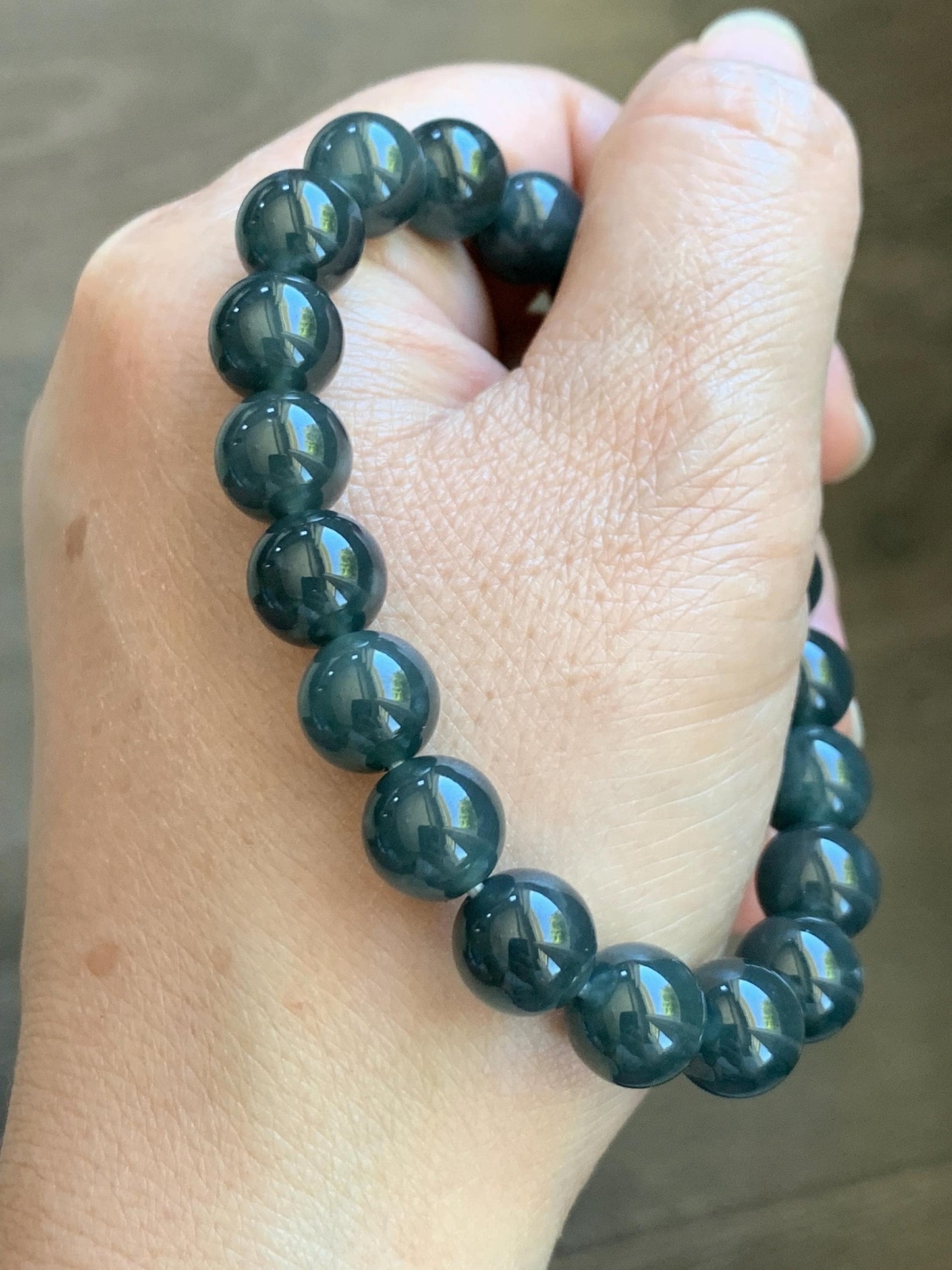 Natural Grade A Guatemalan Icy Translucent Dark Gray Wuji Jade Jadeite Beads Beaded Bracelet 9.7mm 7.25” 32g 天然冰胶危乌鸡翡翠手串 WWJ110