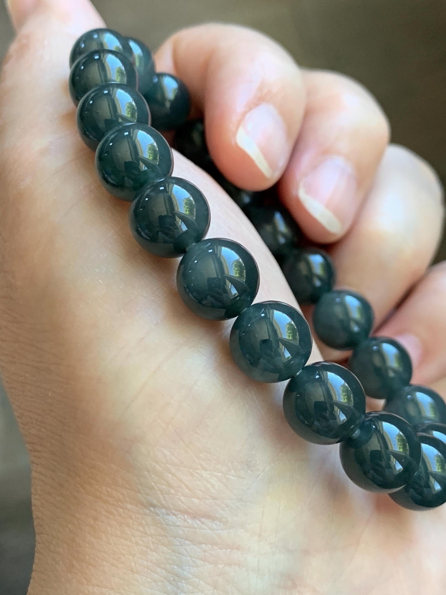 Natural Grade A Guatemalan Icy Translucent Dark Gray Wuji Jade Jadeite Beads Beaded Bracelet 9.7mm 7.25” 32g 天然冰胶危乌鸡翡翠手串 WWJ110
