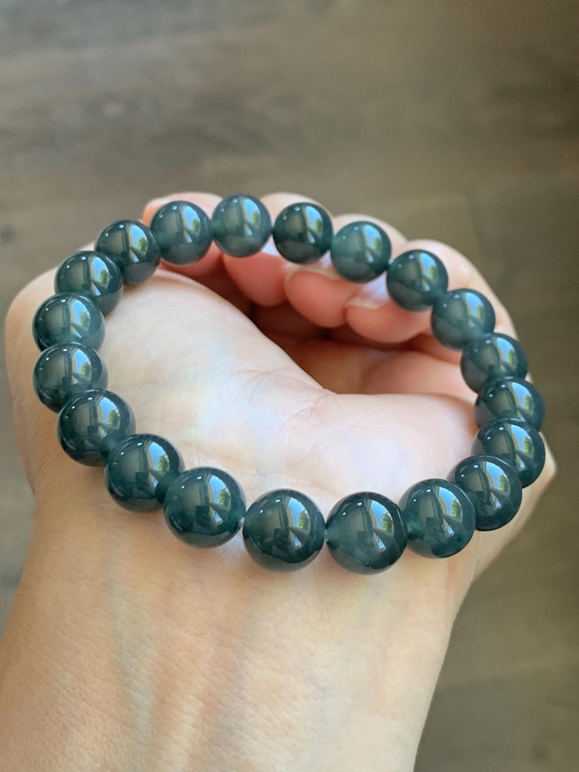 Natural Grade A Guatemalan Icy Translucent Dark Gray Wuji Jade Jadeite Beads Beaded Bracelet 9.7mm 7.25” 32g 天然冰胶危乌鸡翡翠手串 WWJ110